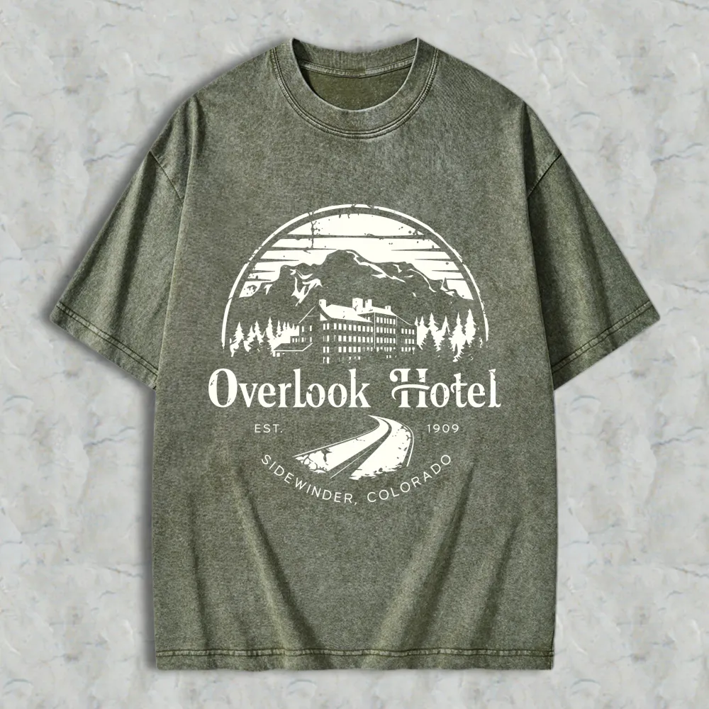 Overlook Hotel Mountain Scene With Trees And Building Design Unisex Washed T-shirt
