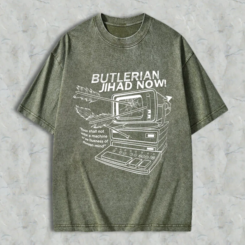 Butlerian Jihad Now Computer With Arrow Through Screen And Quote Unisex Washed T-shirt