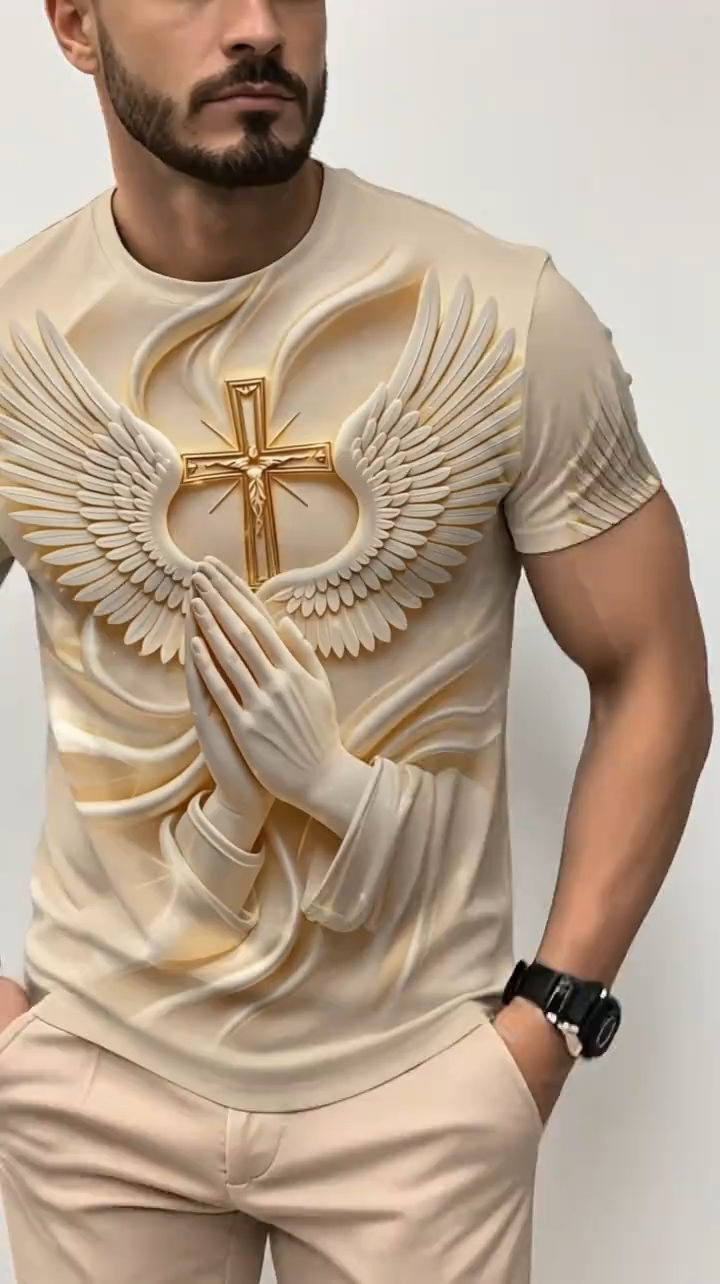 New Religious Prayer Hand Angel Wings Cross Print Men's Round Neck 3D High-Definition Short Sleeve, Sporty Slim-Fit Summer T-Shirt