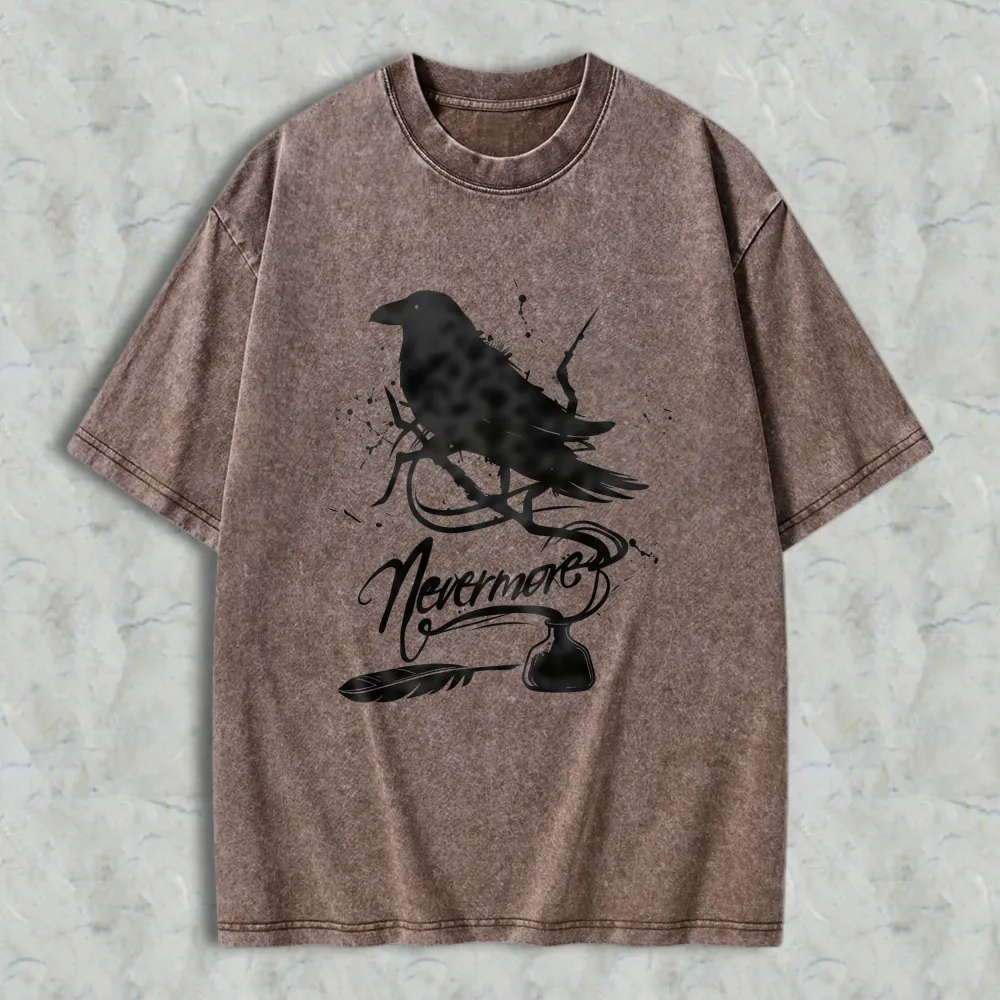 Raven Nevermore Poem Bird Feather Inkwell Unisex Washed T-shirt