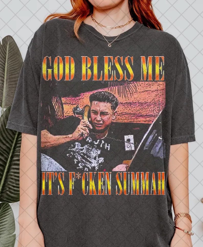 Funny God Bless Me Its F*ckin Summah Shirt, Funny Summer Vibes Graphic T-Shirt, Beach Party Humor Tee, Trendy Vacation Style Shirt, Fun Gift for Men & Women