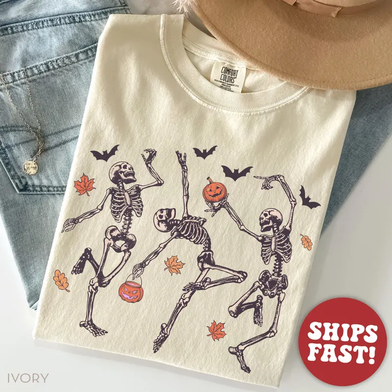 Comfort Colors® Dancing Skeleton Halloween Pumpkin Shirt/Sweatshirt/Hoodie, Skeleton Halloween Shirt/Sweatshirt/Hoodie