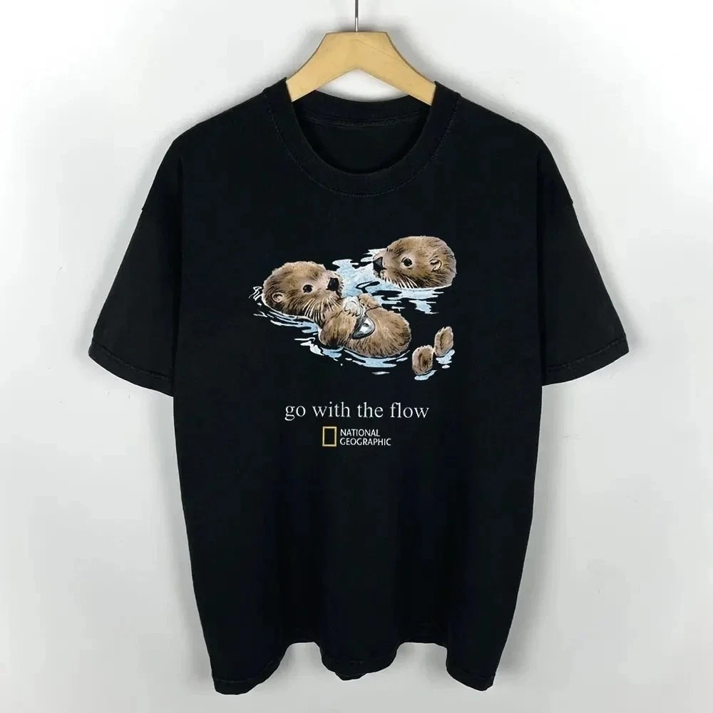 National Geographic “Go With The Flow” Vintage Graphic Tee, Nature Inspired T-Shirt, Outdoor Adventure Shirt, Unisex Cotton Casual Streetwear Top