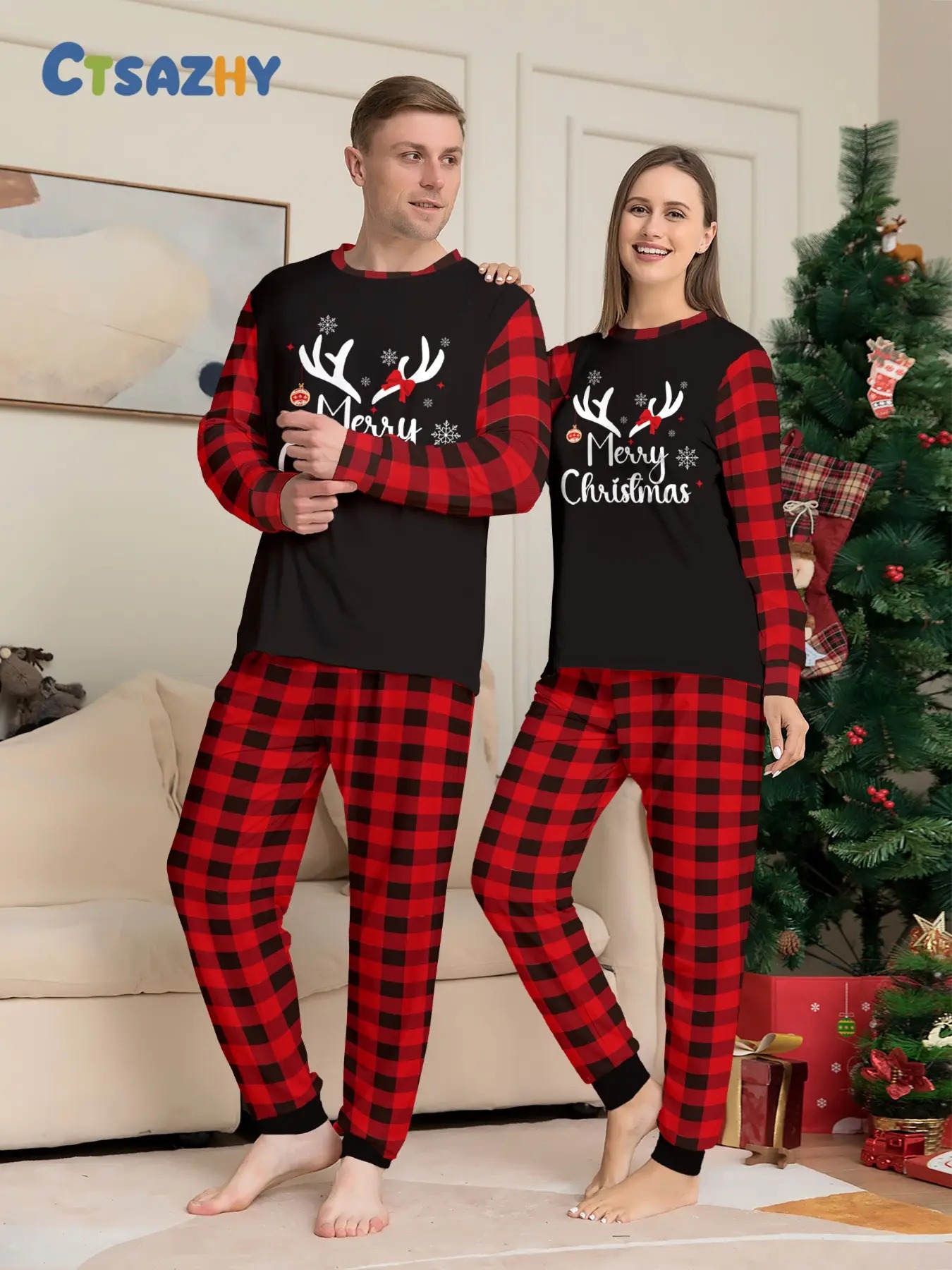  Matching Family Pajama Set, Christmas Theme Top + Plaid Pants