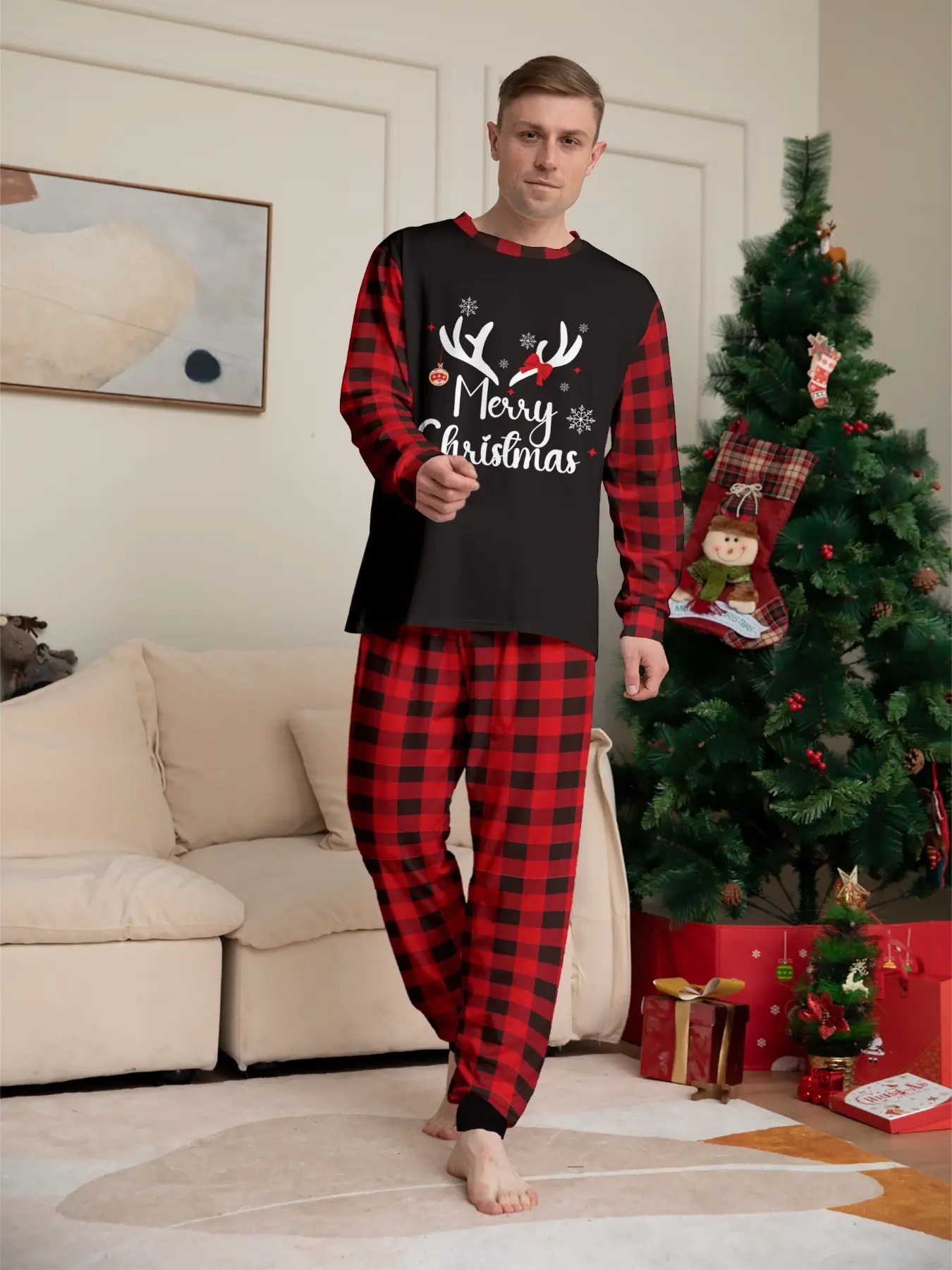  Matching Family Pajama Set, Christmas Theme Top + Plaid Pants