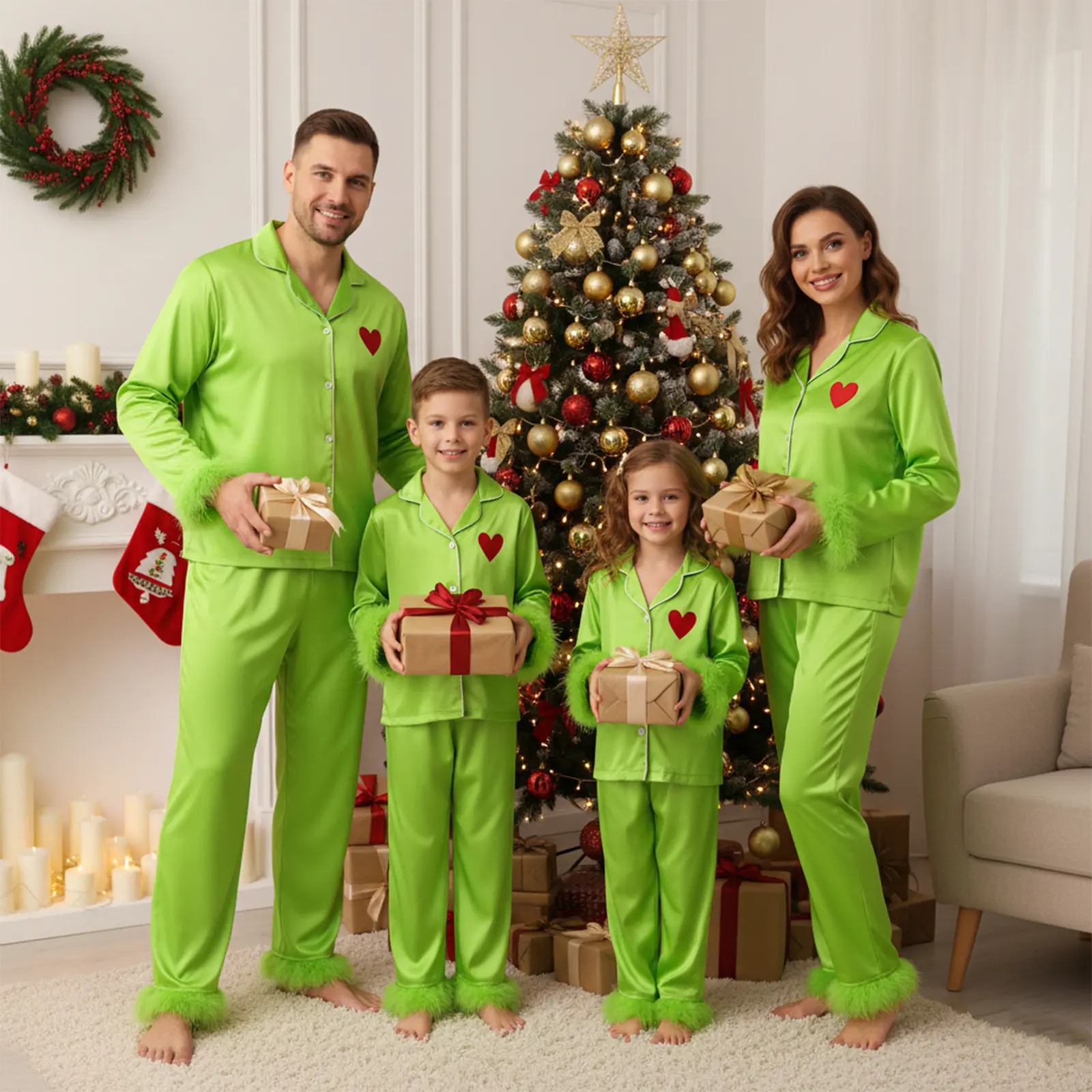 Bright Green Satin Button Down Family Pajamas Heart Feather Trim-Family Pajamas