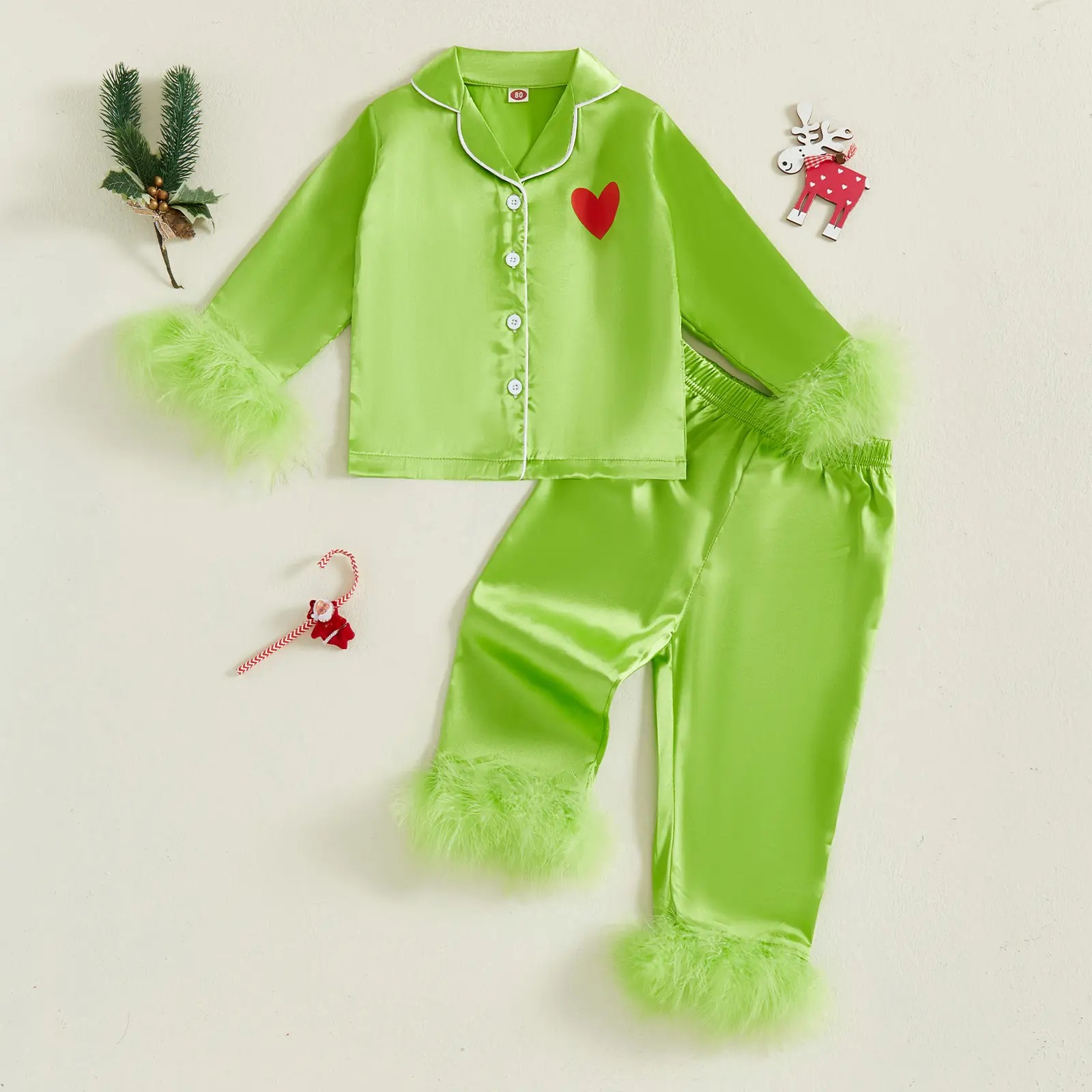 Bright Green Satin Button Down Family Pajamas Heart Feather Trim-Family Pajamas