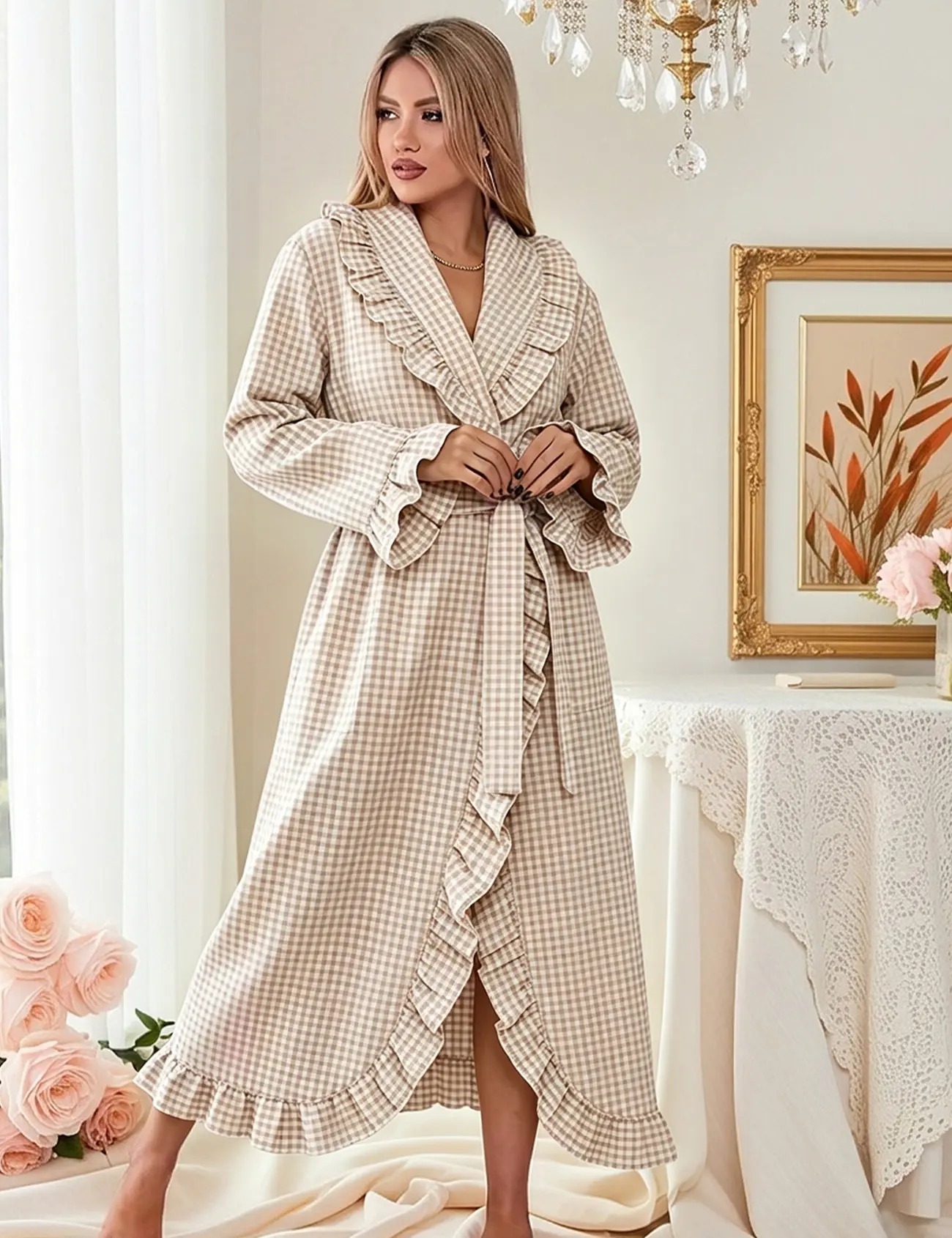 Cotton Robes for Women Gingham Long Sleeve Ruffle Trim Robe Bathrobe Lightweight Plaid Loungewear Sleepwear