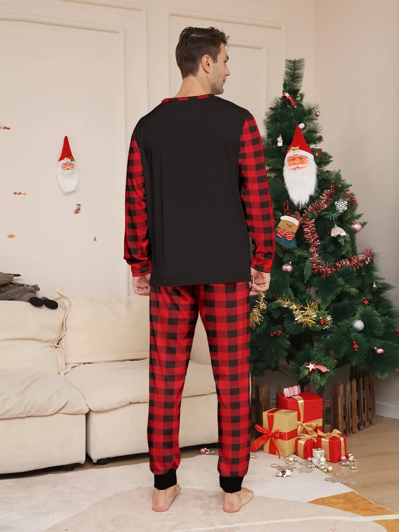  Matching Family Pajama Set, Christmas Theme Top + Plaid Pants