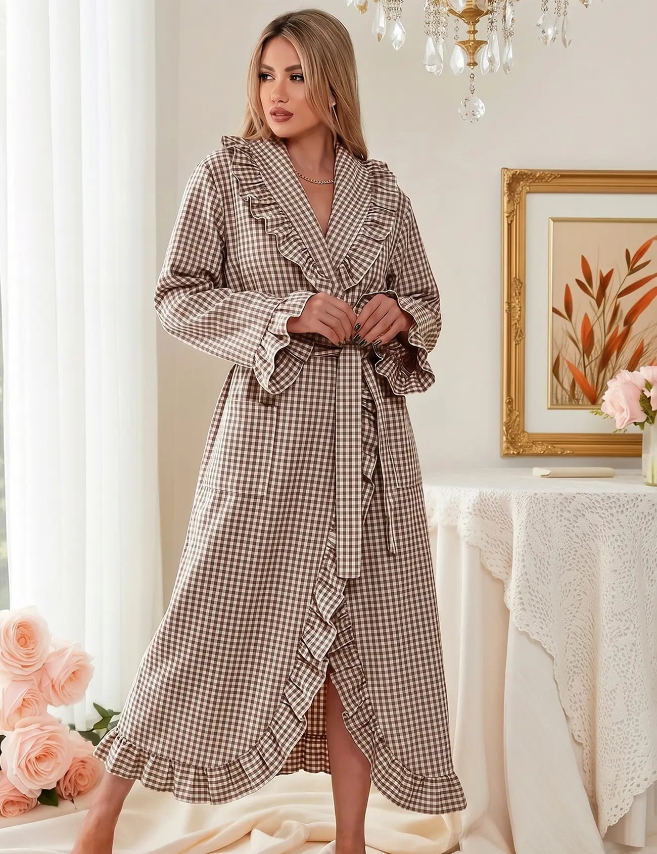 Cotton Robes for Women Gingham Long Sleeve Ruffle Trim Robe Bathrobe Lightweight Plaid Loungewear Sleepwear