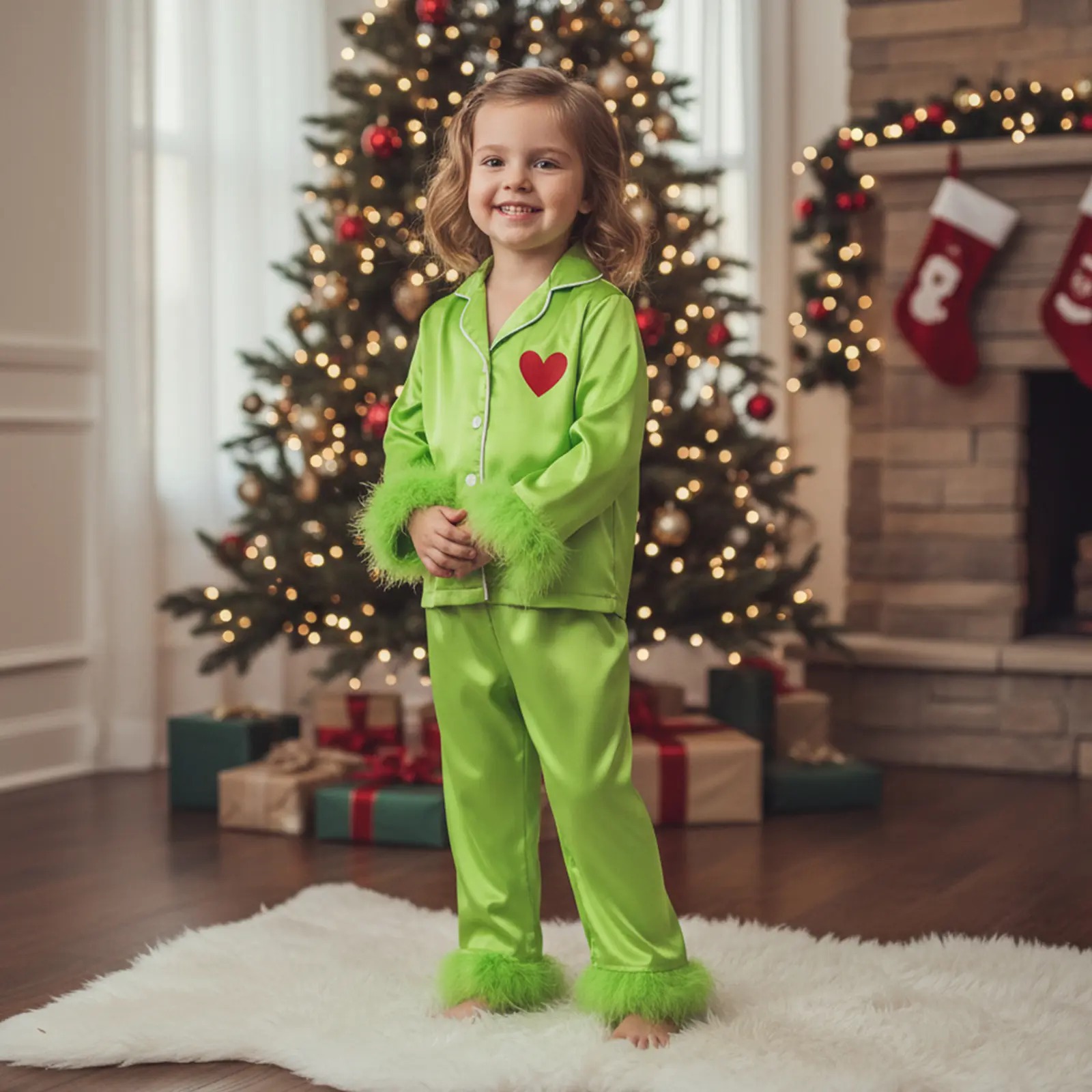 Bright Green Satin Button Down Family Pajamas Heart Feather Trim-Family Pajamas