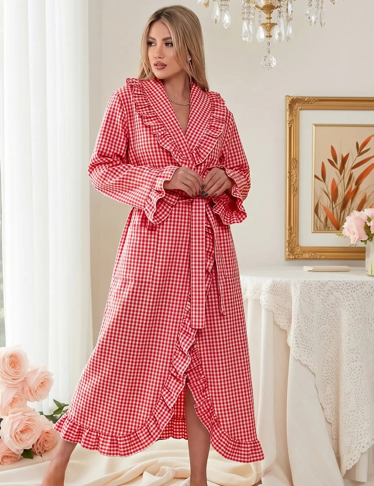 Cotton Robes for Women Gingham Long Sleeve Ruffle Trim Robe Bathrobe Lightweight Plaid Loungewear Sleepwear