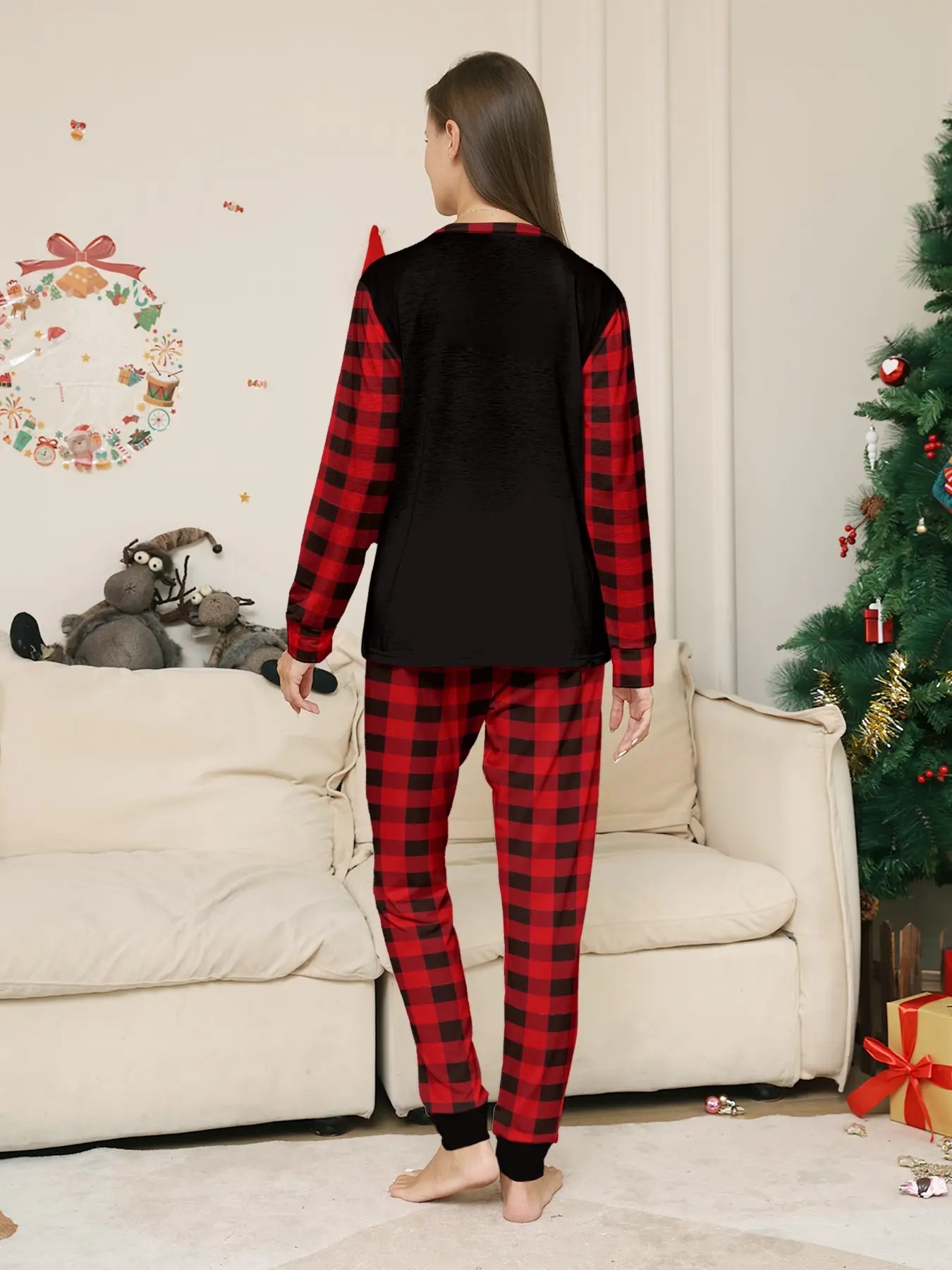  Matching Family Pajama Set, Christmas Theme Top + Plaid Pants