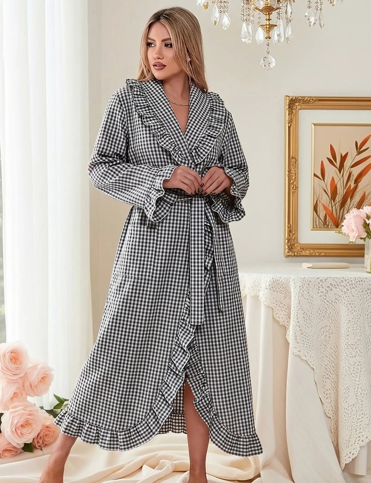 Cotton Robes for Women Gingham Long Sleeve Ruffle Trim Robe Bathrobe Lightweight Plaid Loungewear Sleepwear