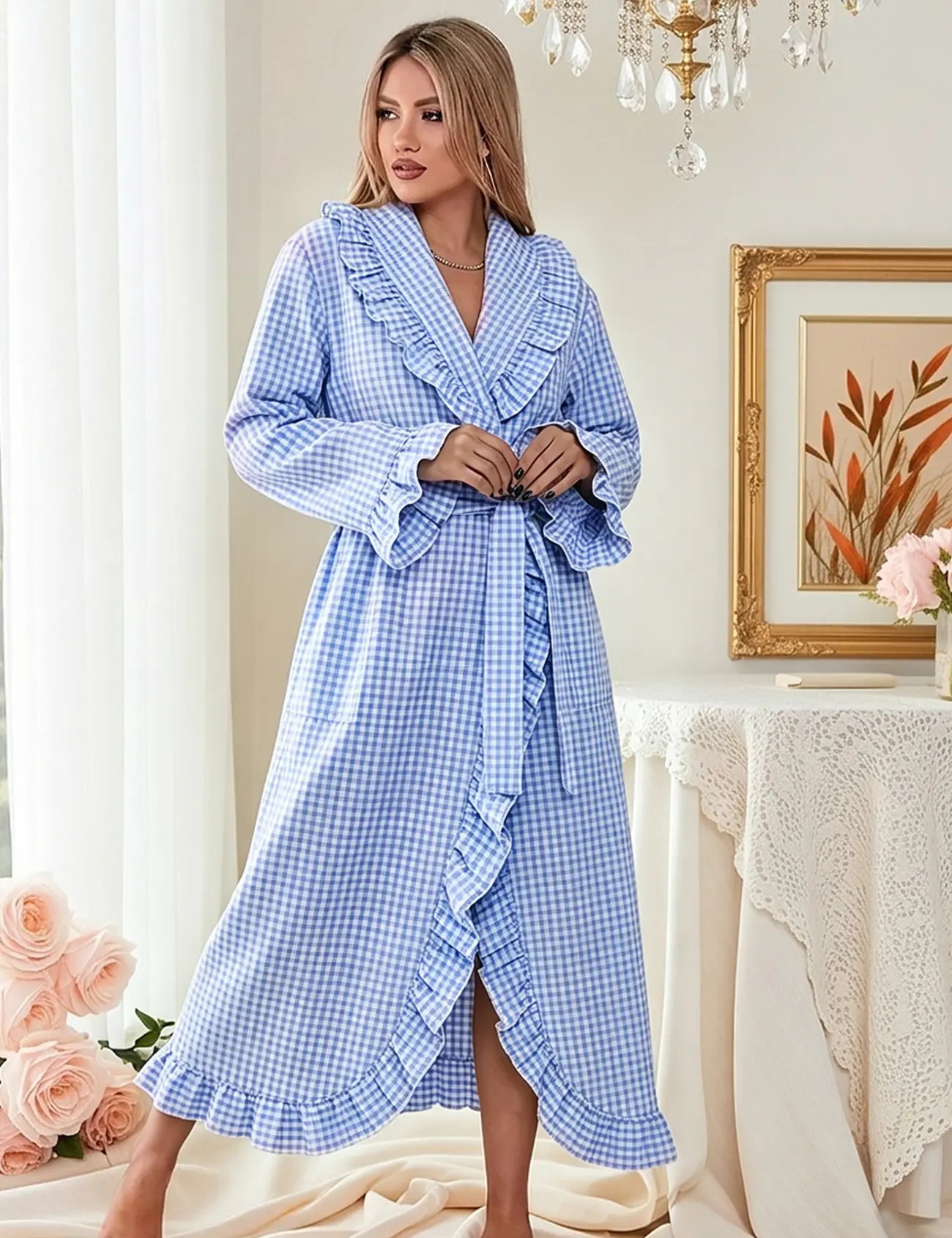 Cotton Robes for Women Gingham Long Sleeve Ruffle Trim Robe Bathrobe Lightweight Plaid Loungewear Sleepwear