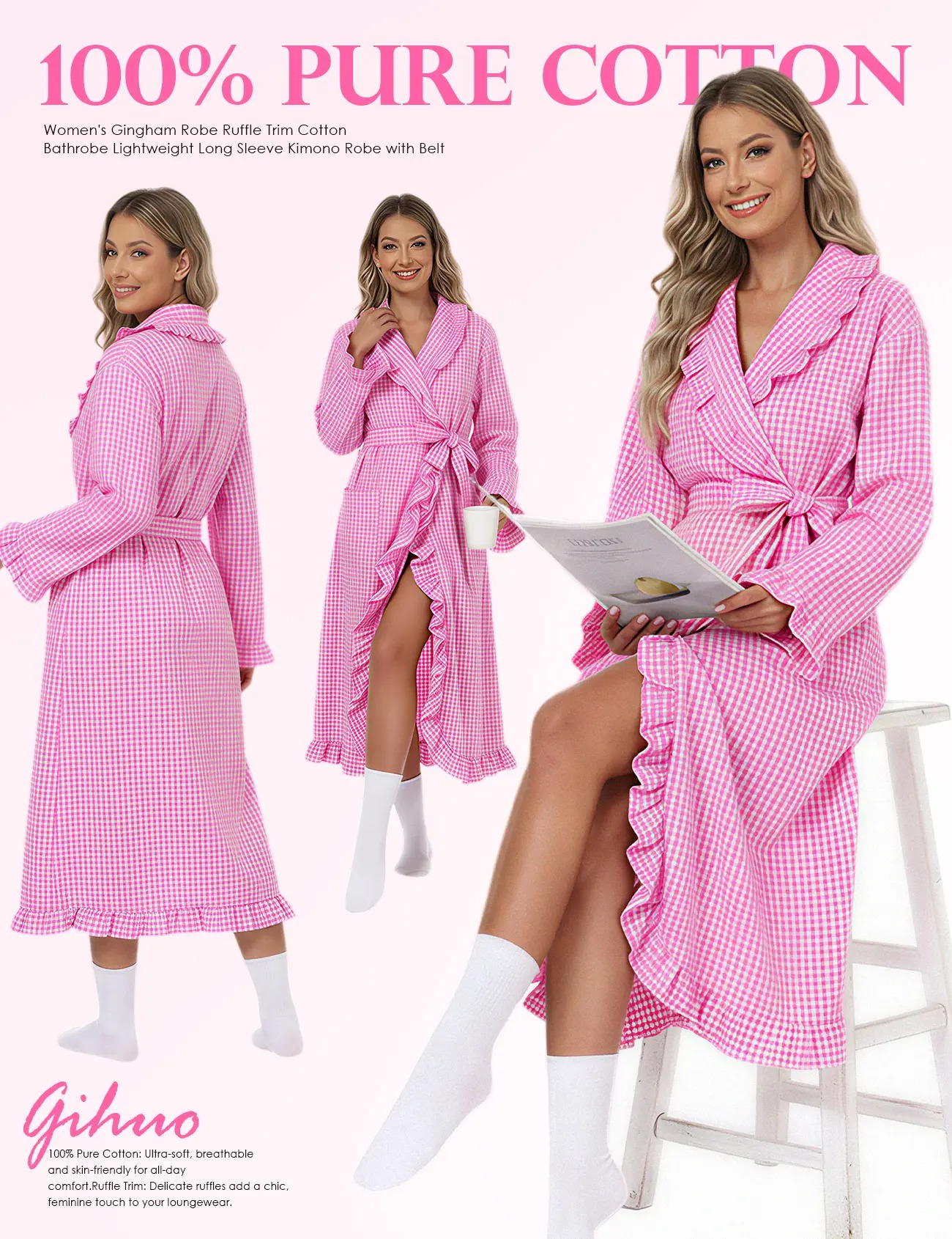 Cotton Robes for Women Gingham Long Sleeve Ruffle Trim Robe Bathrobe Lightweight Plaid Loungewear Sleepwear