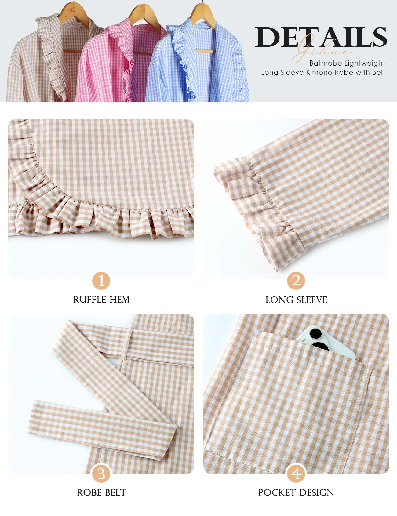 Cotton Robes for Women Gingham Long Sleeve Ruffle Trim Robe Bathrobe Lightweight Plaid Loungewear Sleepwear