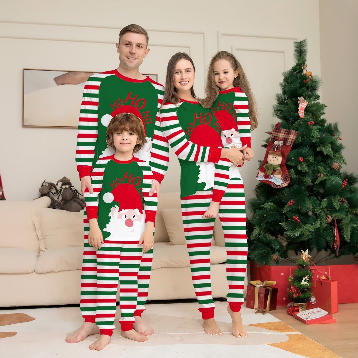 Santa HoHoHo Red & Green Stripes Christmas Matching Family Pajamas