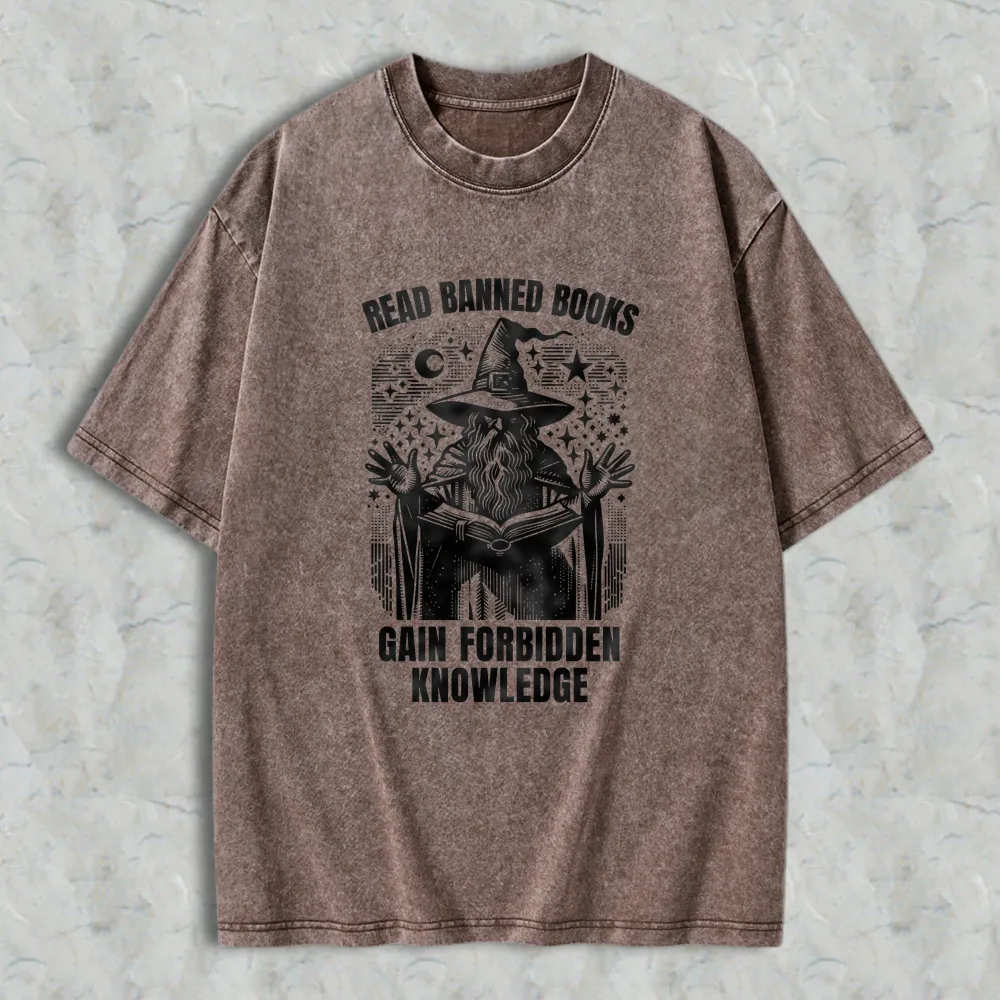 Read Banned Books Gain Forbidden Knowledge Wizard With Open Book And Stars Unisex Washed T-shirt