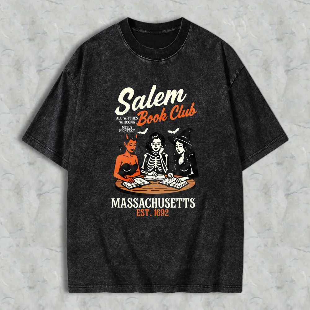 Salem Book Club Witch Reading Books Massachusetts Est 1692 Unisex Washed T-shirt