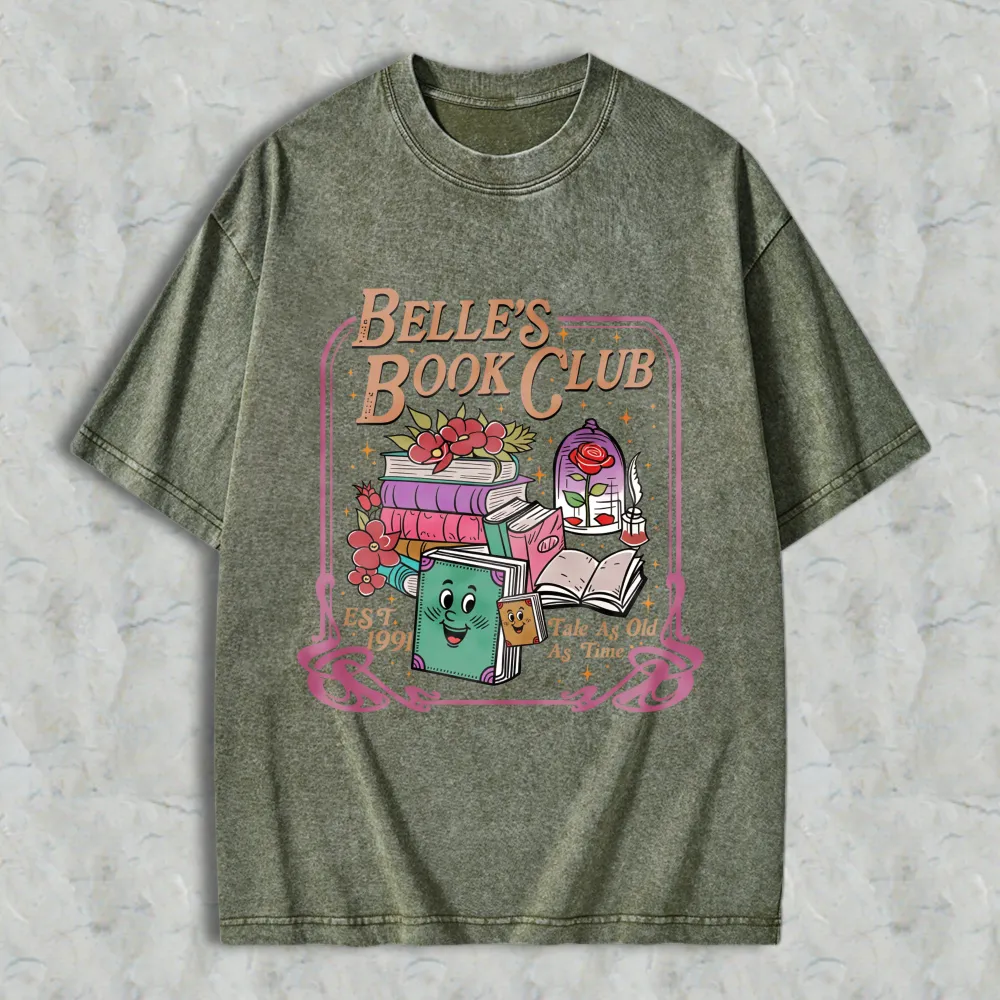 Belle Book Club Tale As Old As Time Books And Roses Design Unisex Washed T-shirt
