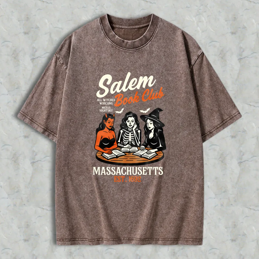 Salem Book Club Witch Reading Books Massachusetts Est 1692 Unisex Washed T-shirt