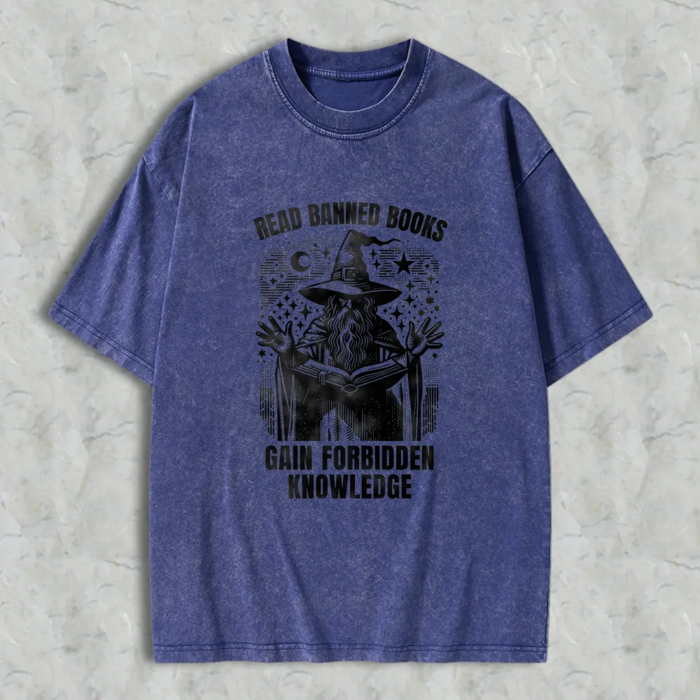 Read Banned Books Gain Forbidden Knowledge Wizard With Open Book And Stars Unisex Washed T-shirt