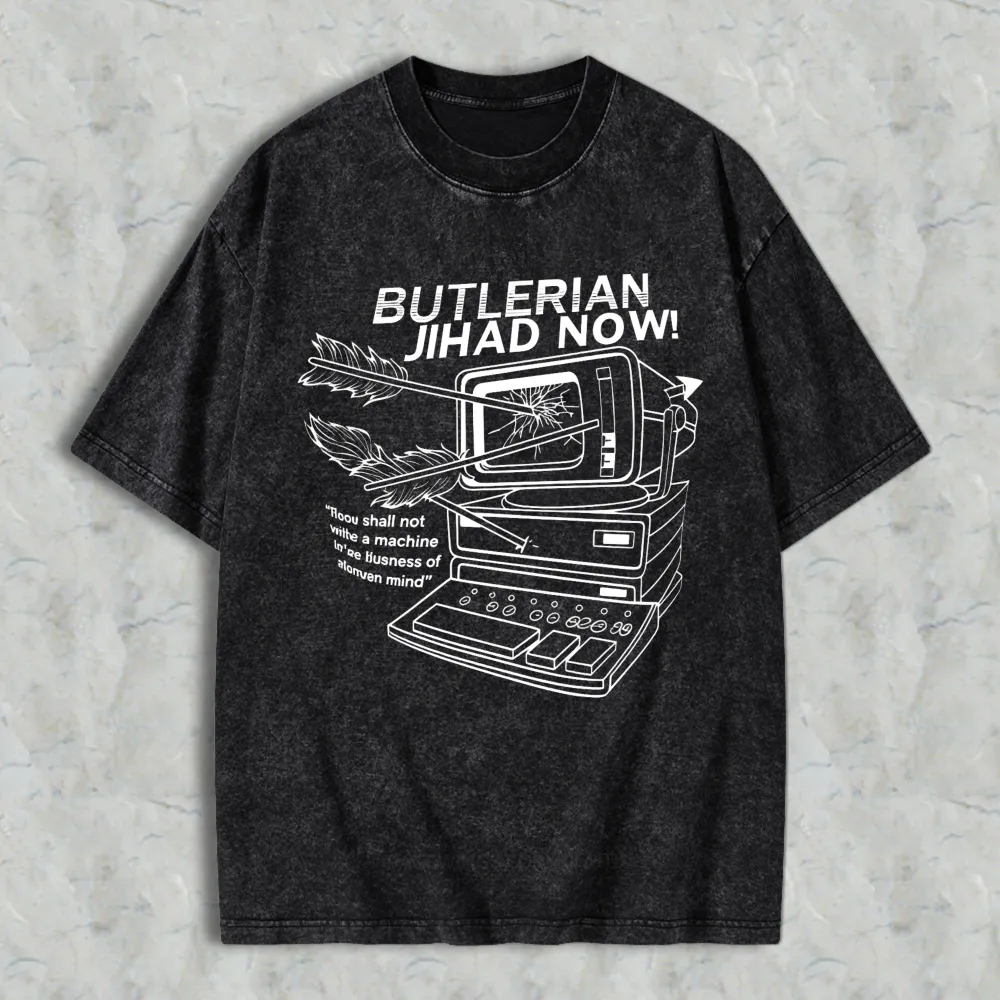 Butlerian Jihad Now Computer With Arrow Through Screen And Quote Unisex Washed T-shirt