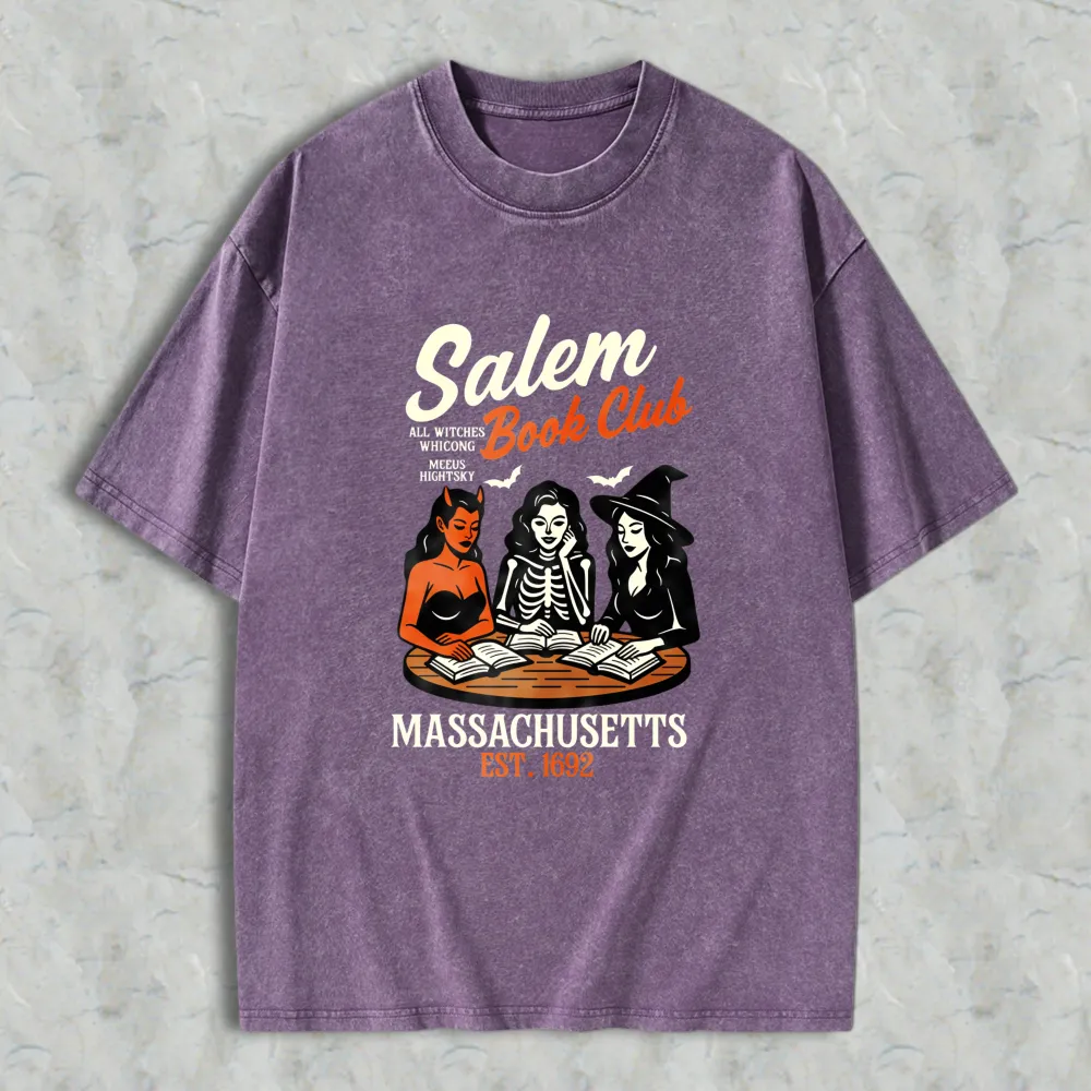 Salem Book Club Witch Reading Books Massachusetts Est 1692 Unisex Washed T-shirt
