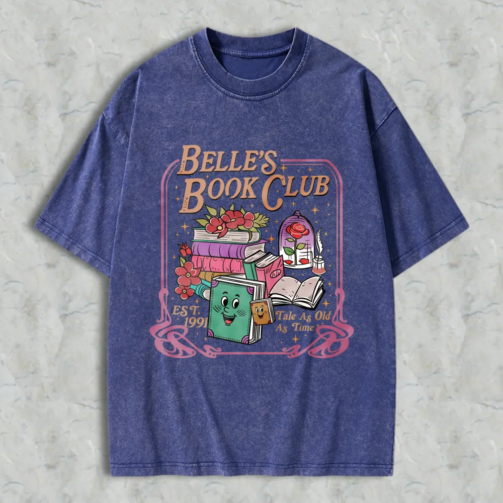Belle Book Club Tale As Old As Time Books And Roses Design Unisex Washed T-shirt