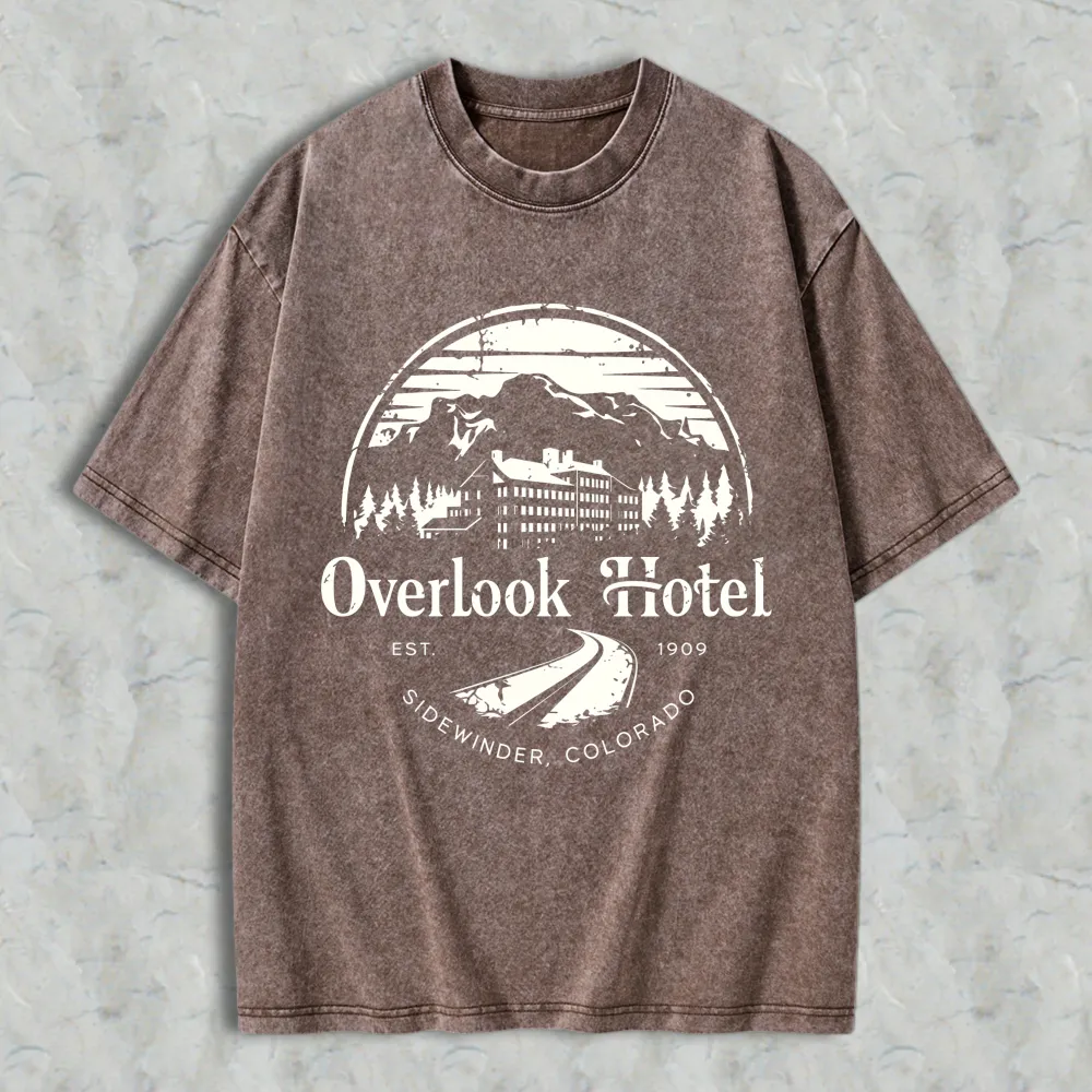 Overlook Hotel Mountain Scene With Trees And Building Design Unisex Washed T-shirt