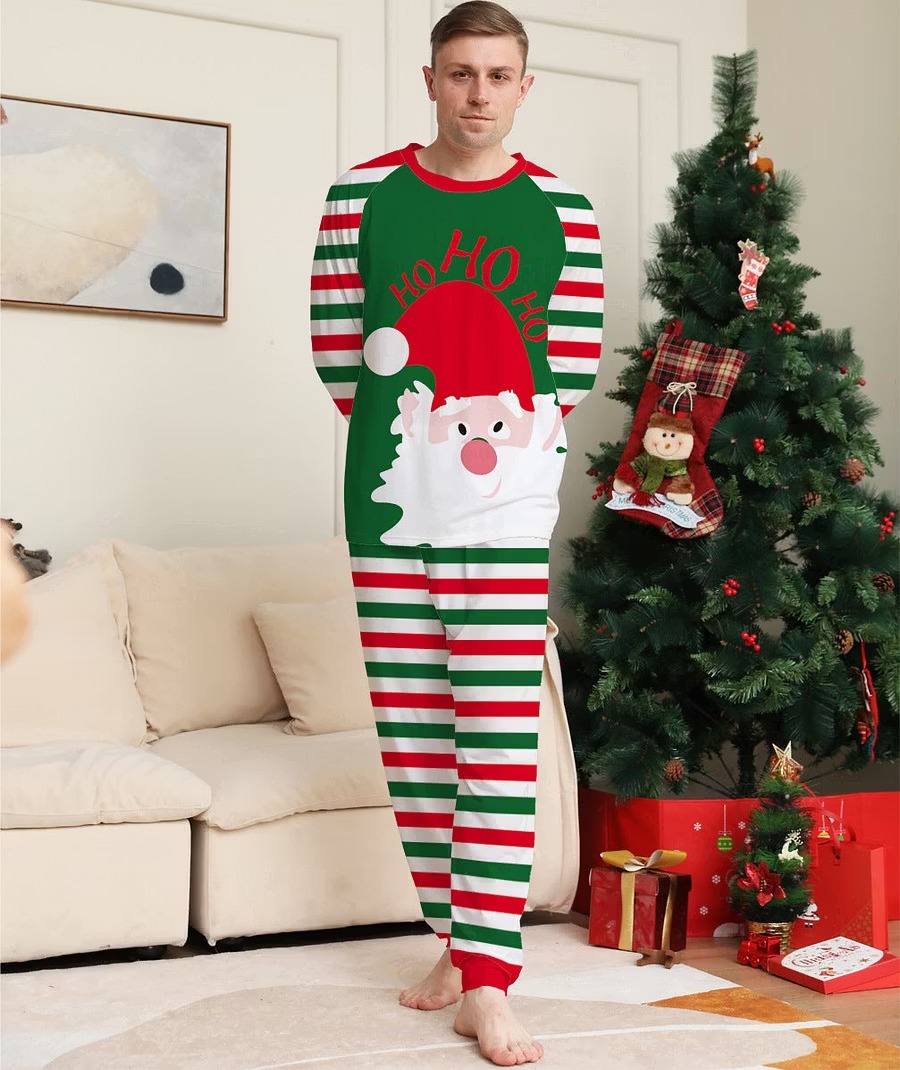 Santa HoHoHo Red & Green Stripes Christmas Matching Family Pajamas
