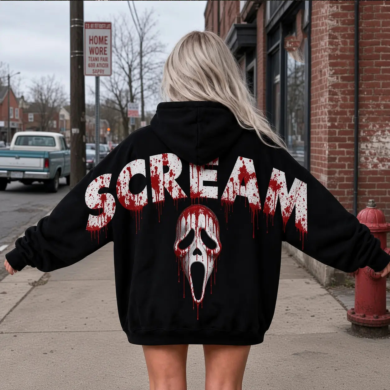 Retro 90's Funny Ghostface Scream Shoulder-to-Shoulder Back Lettering Sweatshirt Hoodie-B