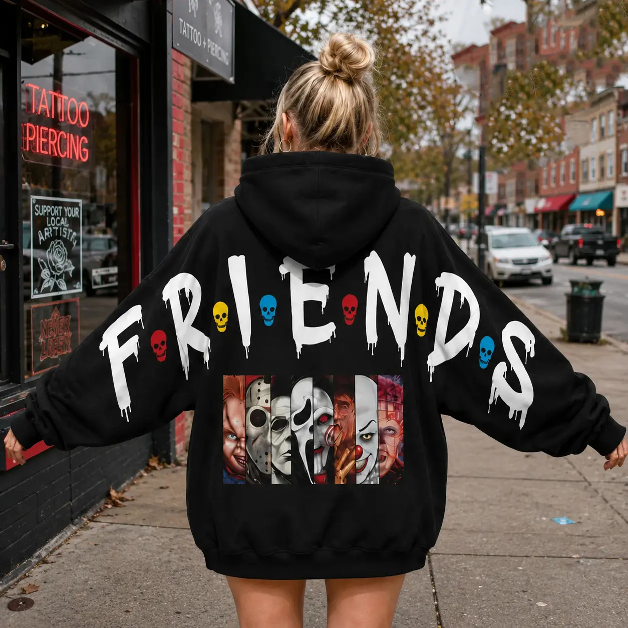 Retro 90's Funny Ghostface Scream Shoulder-to-Shoulder Back Lettering Sweatshirt Hoodie-D