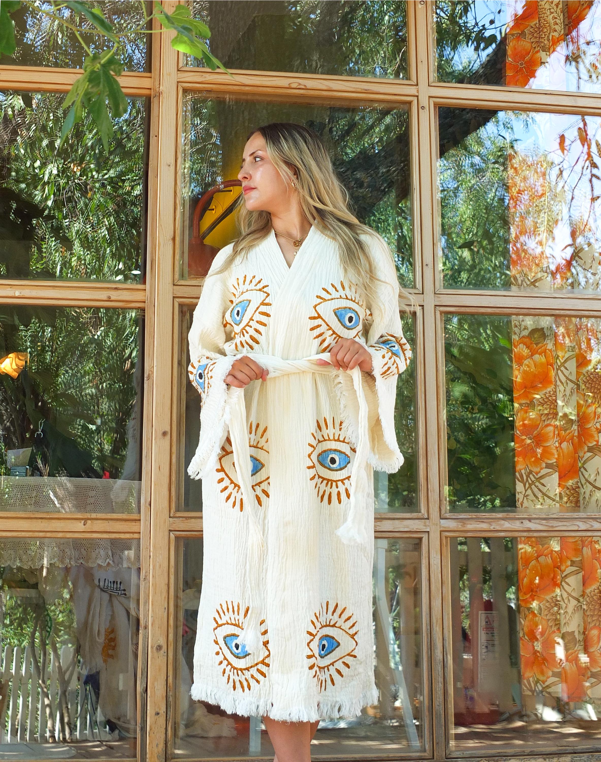 Extra Soft Handmade Evil Eye Cotton Muslin Kimono Robe-Classic