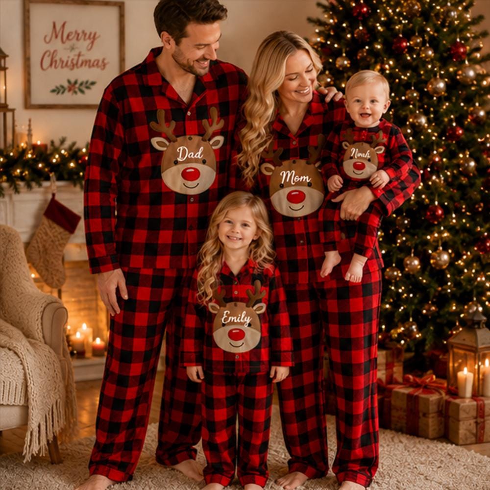 Family Christmas Pajamas, Custom Reindeer Name Plaid Pajama Set Buffalo Plaid PJs, Baby Romper