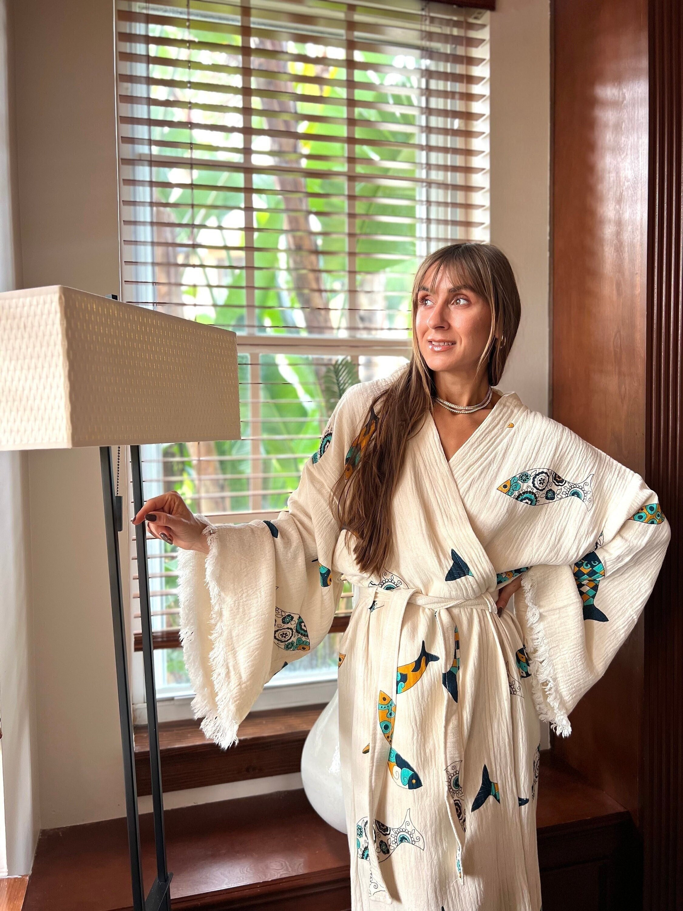 Stone Printed fish Natural Cotton Robe
