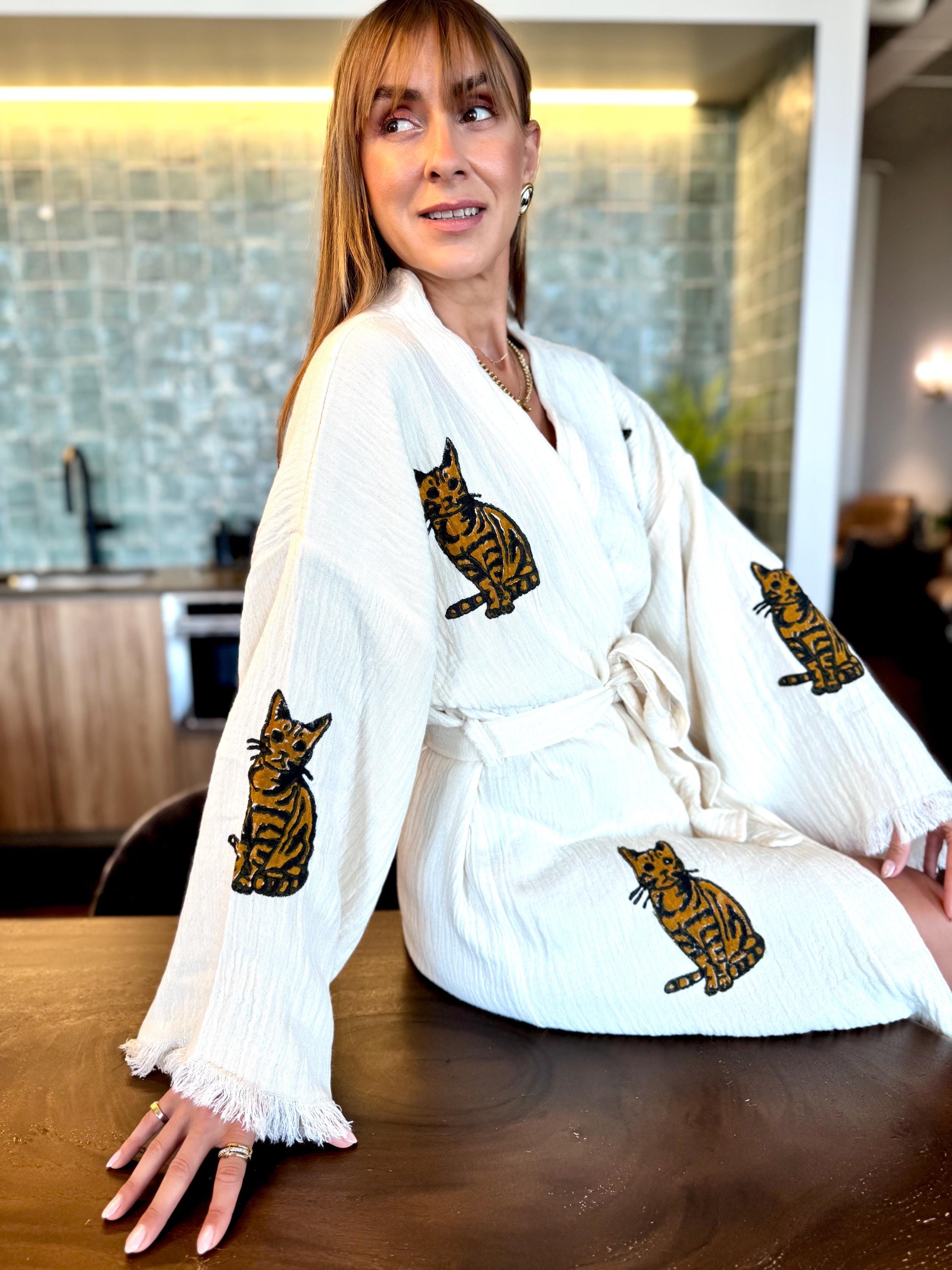 Organic Cotton Boho Kimono Hand-Painted Cat Robe