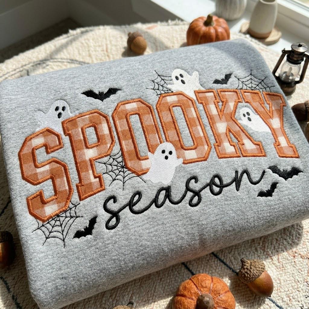 Embroidered Striped Ghost Spooky Season Sweatshirt