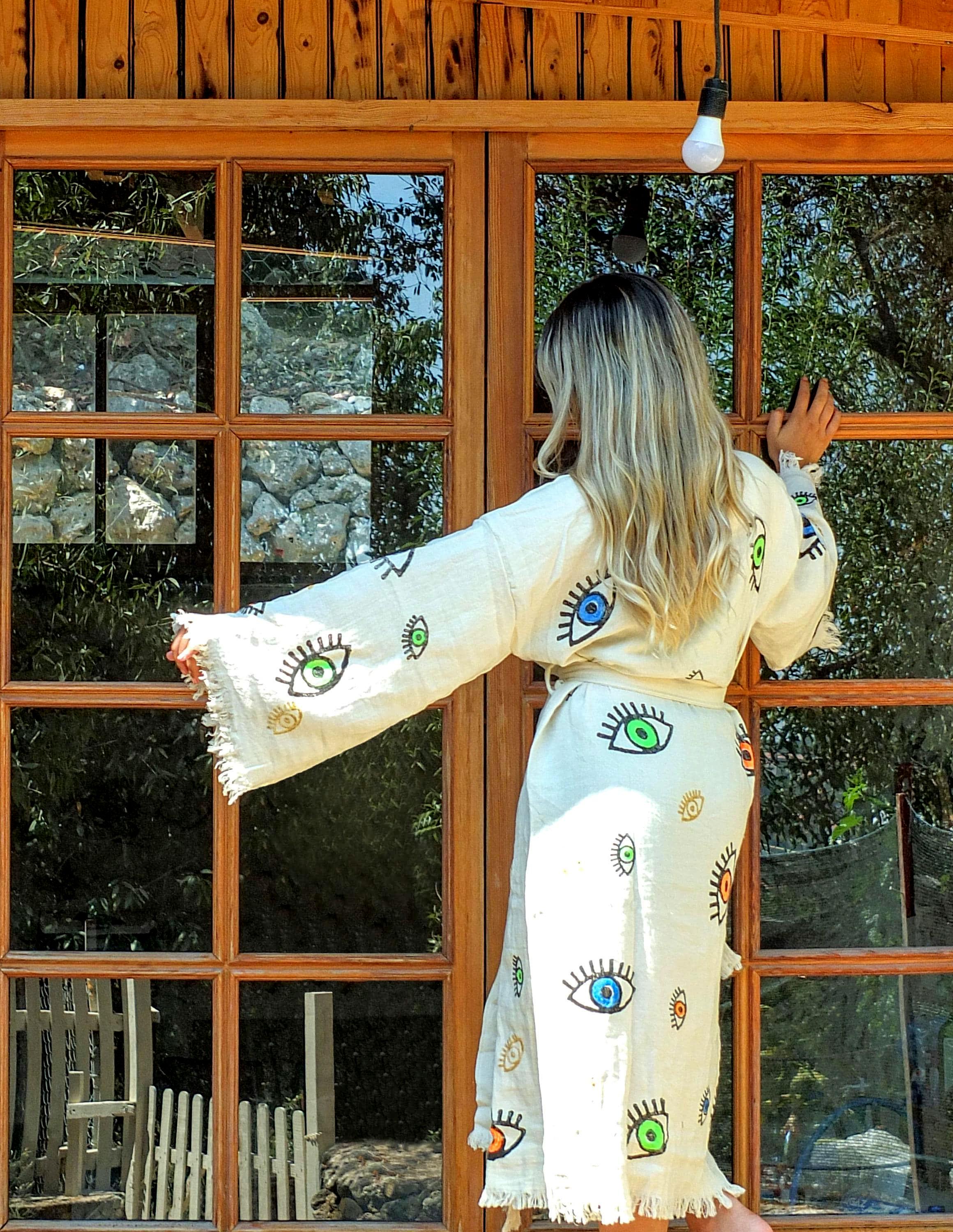 Extra Soft Handmade Evil Eye Cotton Muslin Kimono Robe-Classic
