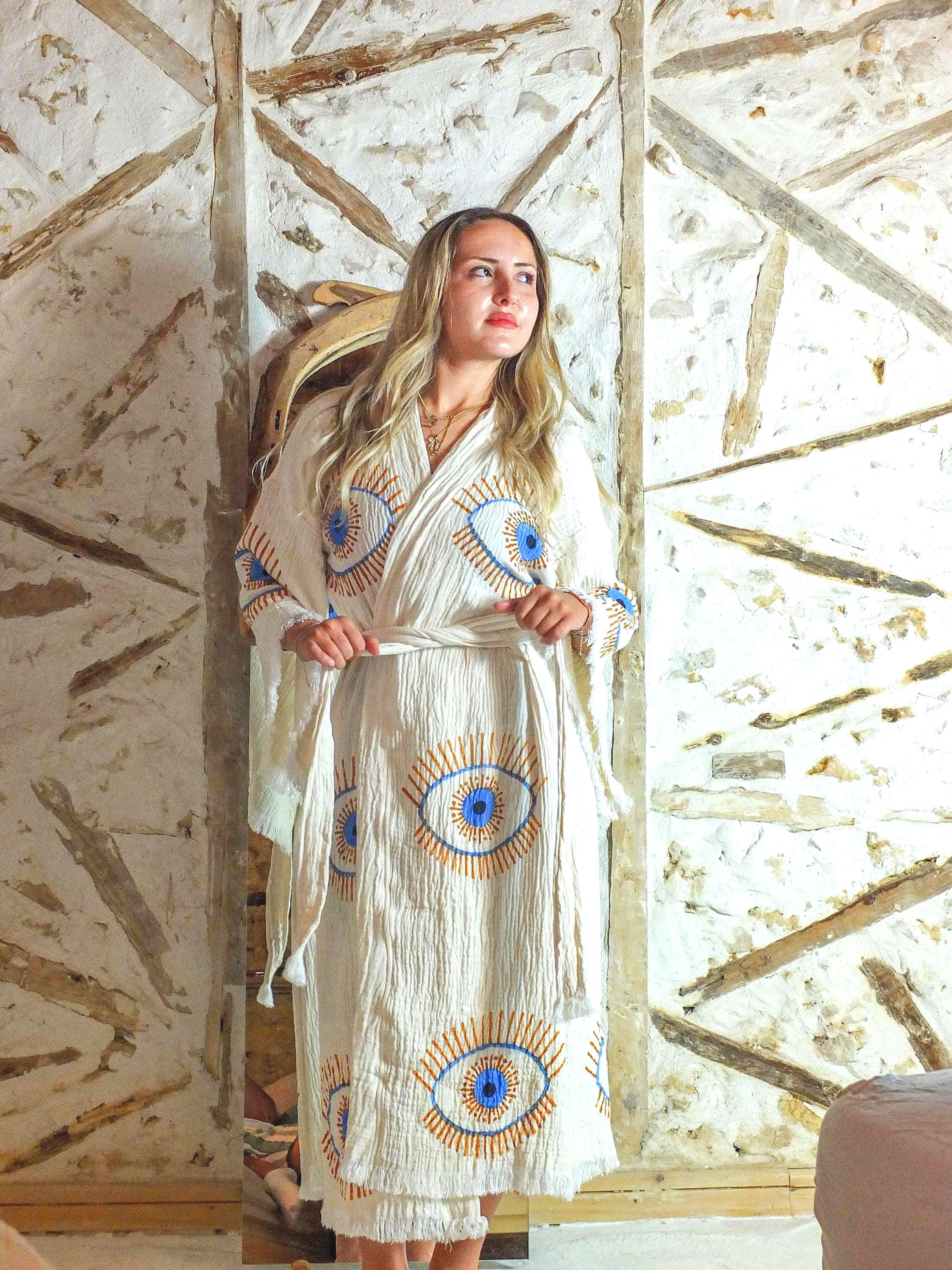 Extra Soft Handmade Evil Eye Cotton Muslin Kimono Robe-Classic