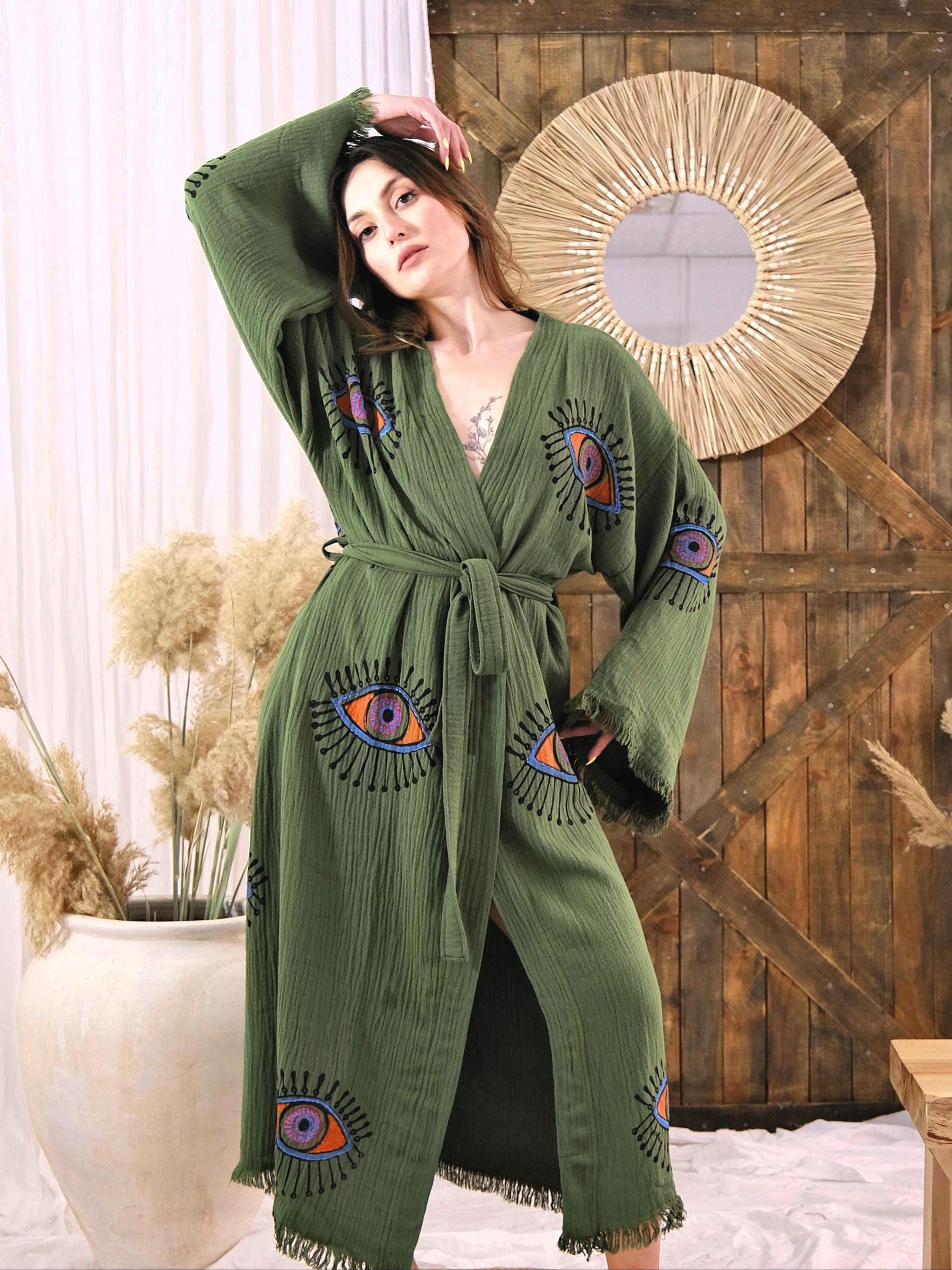 Evil Eye Muslin Cotton Kimono Robe-Colorful