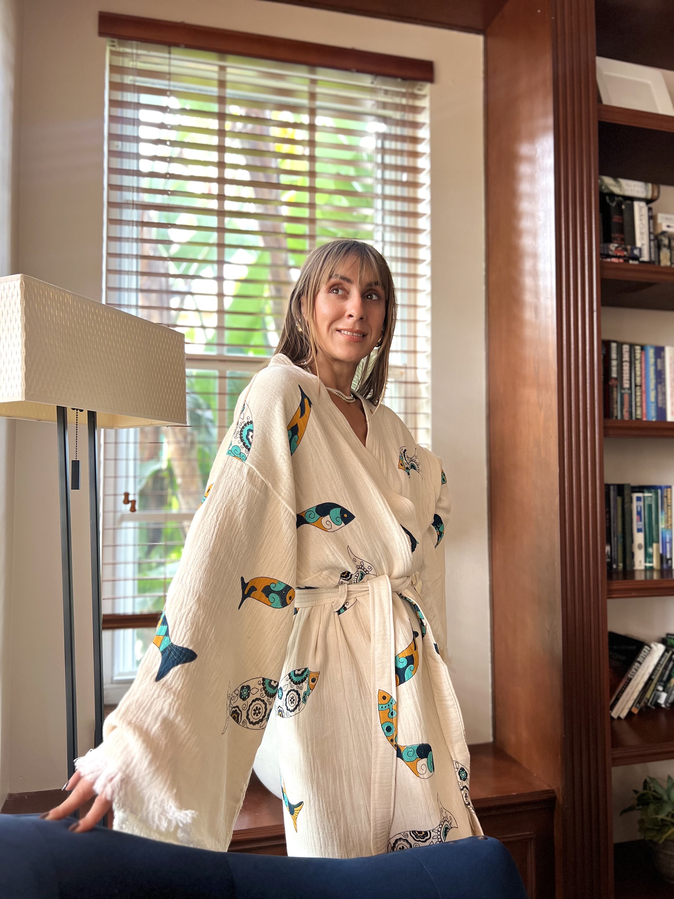 Stone Printed fish Natural Cotton Robe