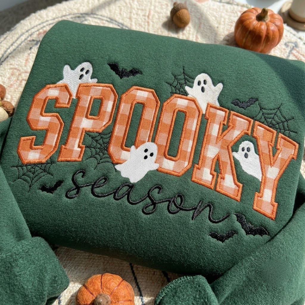 Embroidered Striped Ghost Spooky Season Sweatshirt