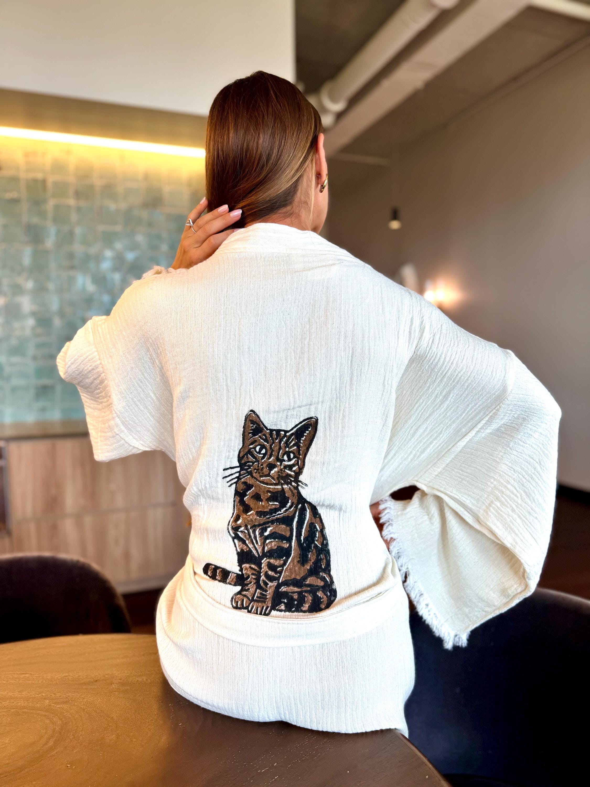 Organic Cotton Boho Kimono Hand-Painted Cat Robe