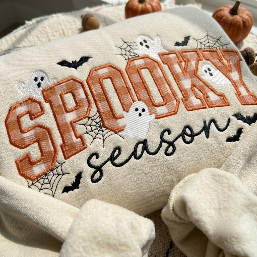 Embroidered Striped Ghost Spooky Season Sweatshirt