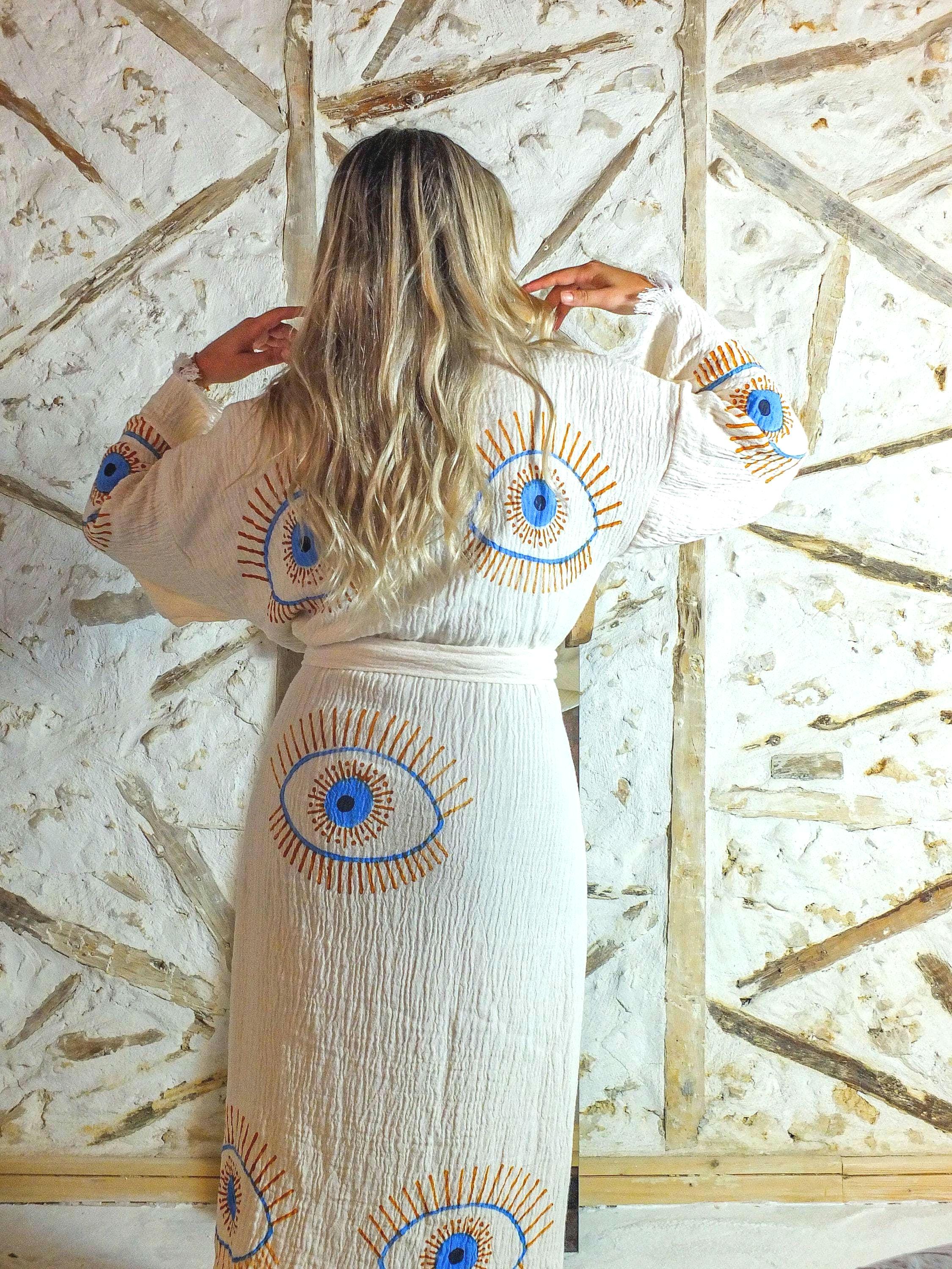 Extra Soft Handmade Evil Eye Cotton Muslin Kimono Robe-Classic