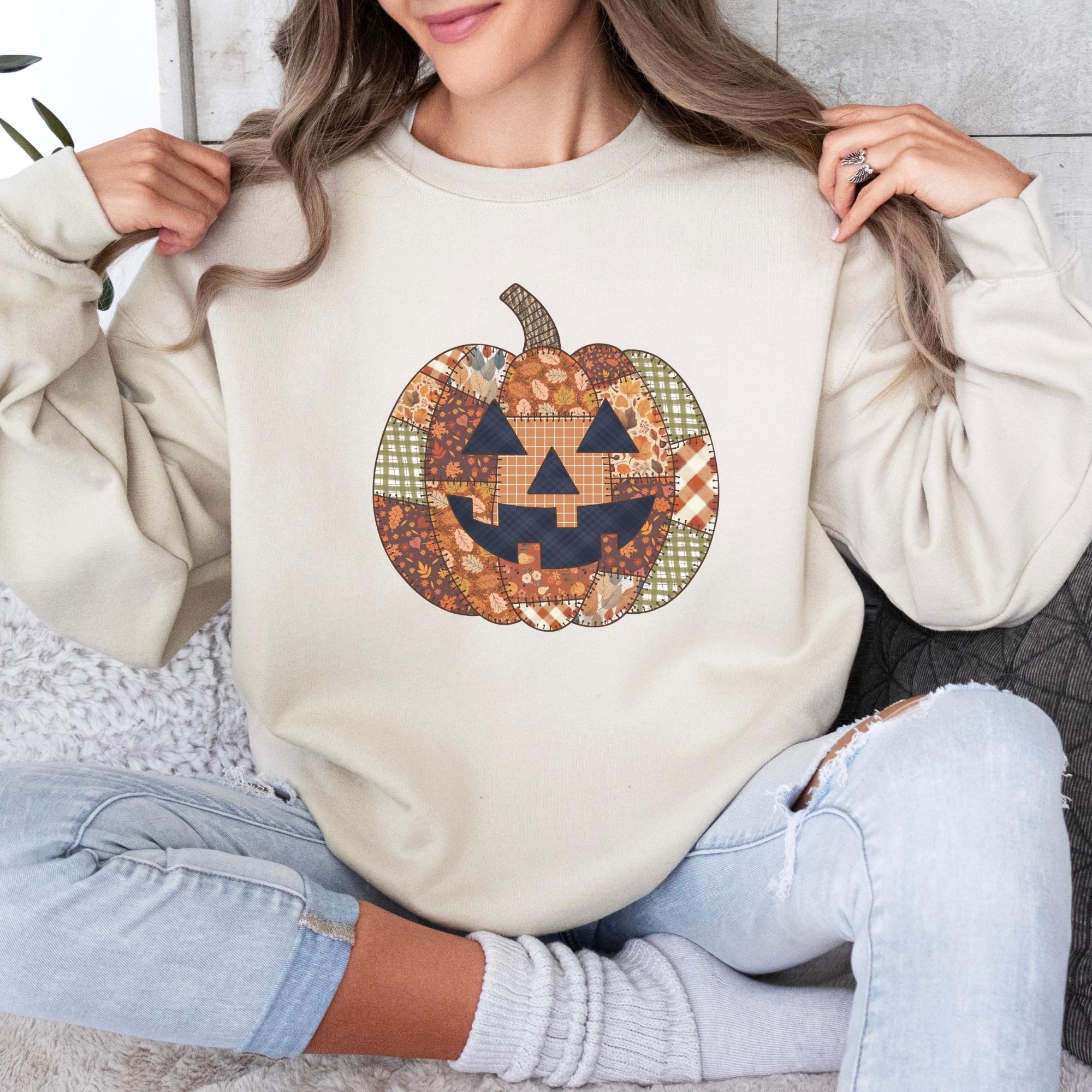 Faux Patchwork Pumpkin Thanksgiving Sweatshirt