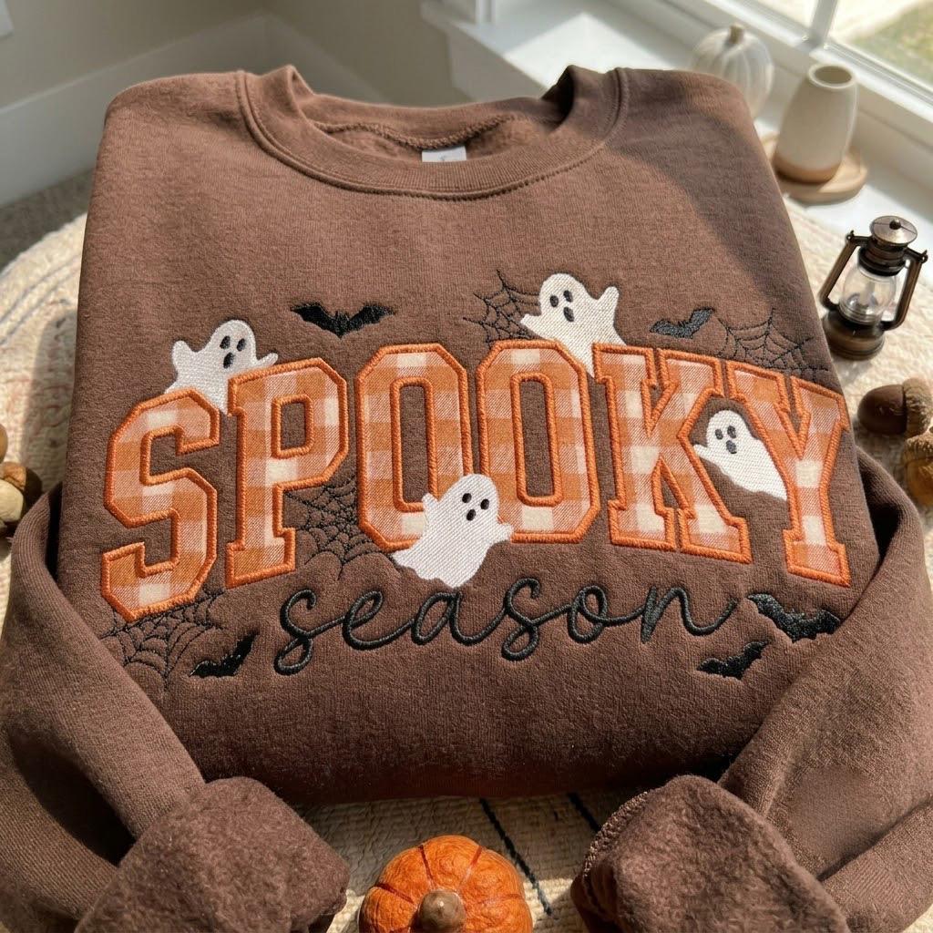 Embroidered Striped Ghost Spooky Season Sweatshirt