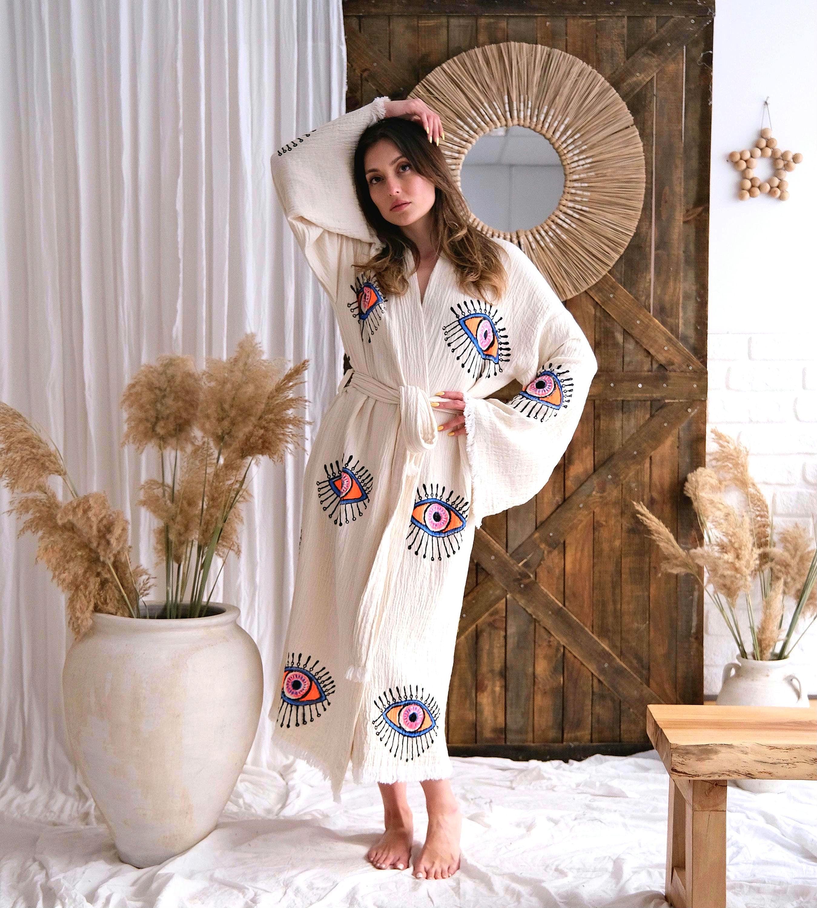 Extra Soft Handmade Evil Eye Cotton Muslin Kimono Robe-Classic